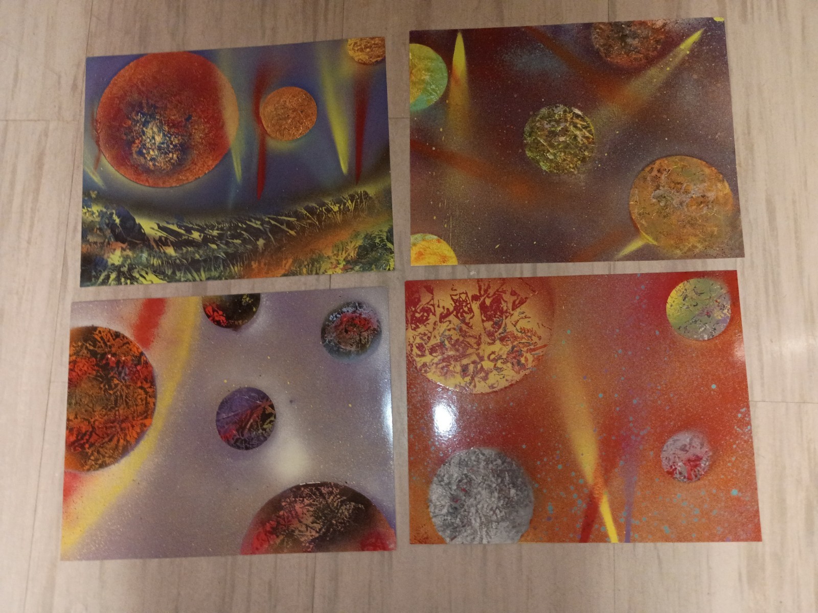 Original Paintings of Surreal Outer Space Spray Pained Scenes SET #3