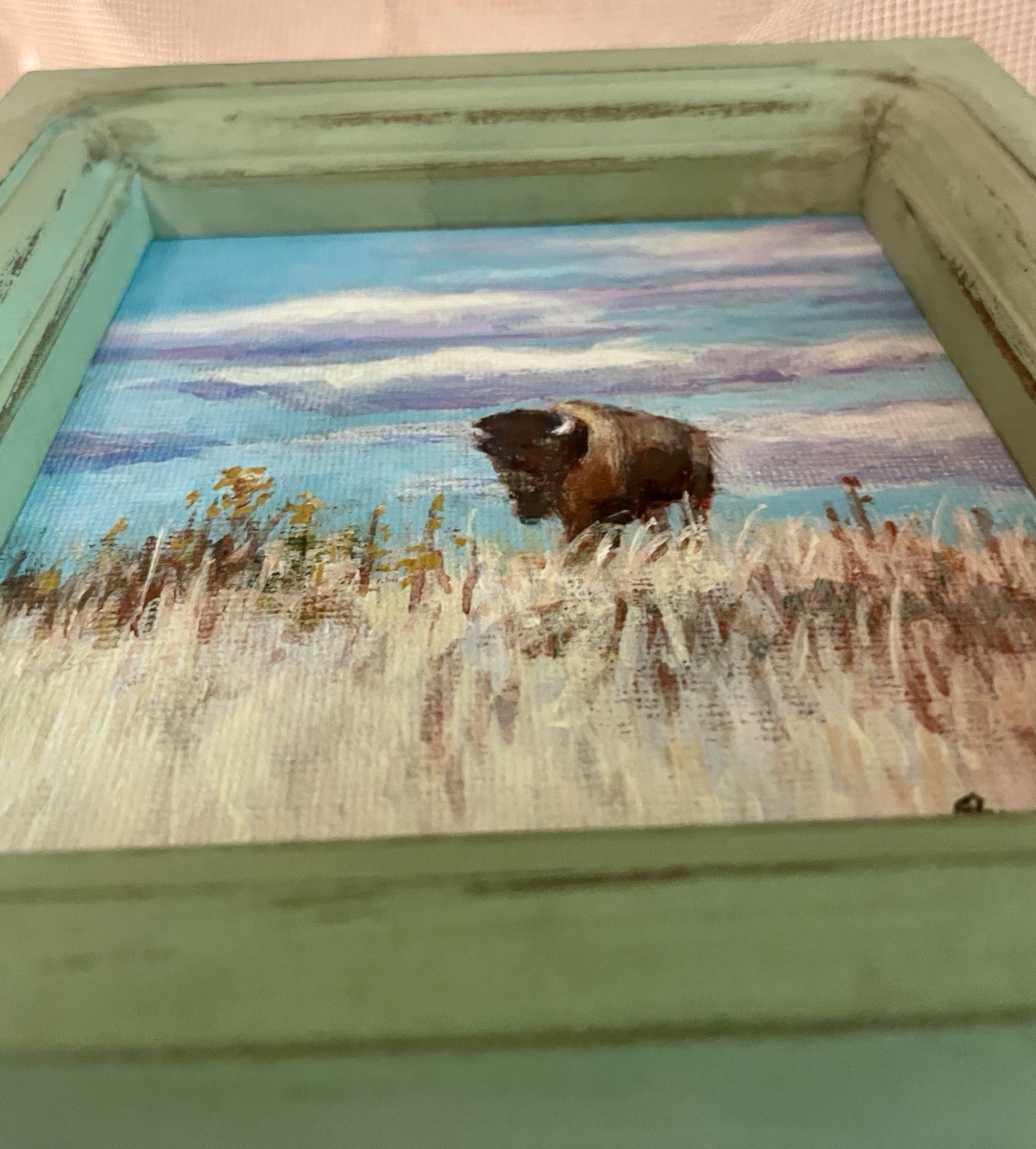 Buffalo Prairie Landscape Original Painting Framed Mini Western Art