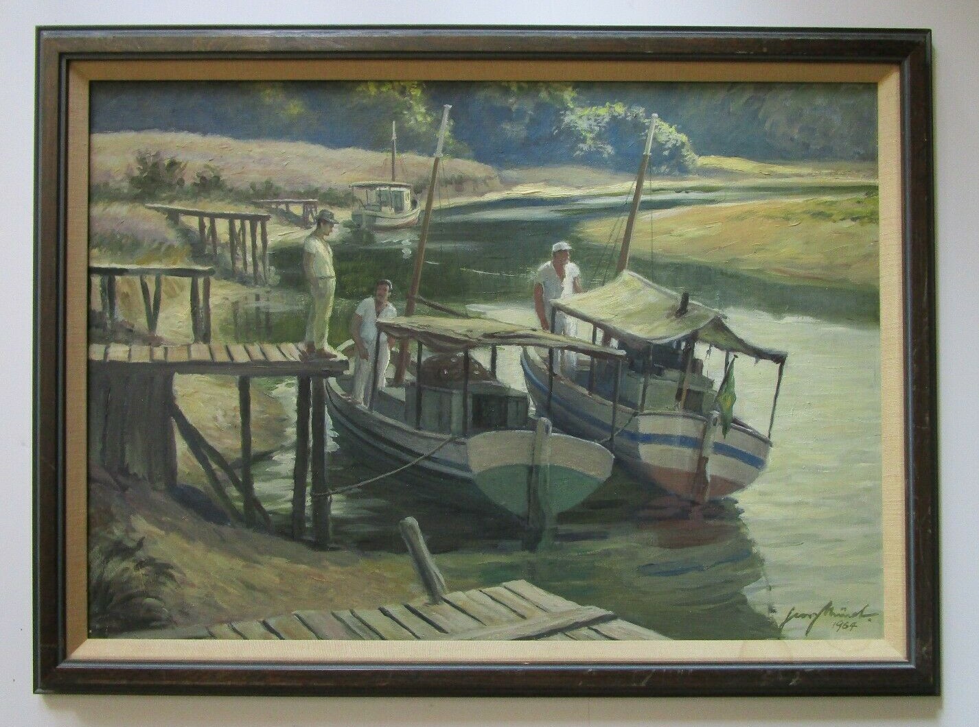 SIGNED 1960’S NAUTICAL PAINTING FISHERMAN BOATS MARINA MYSTERY ARTIST VINTAGE