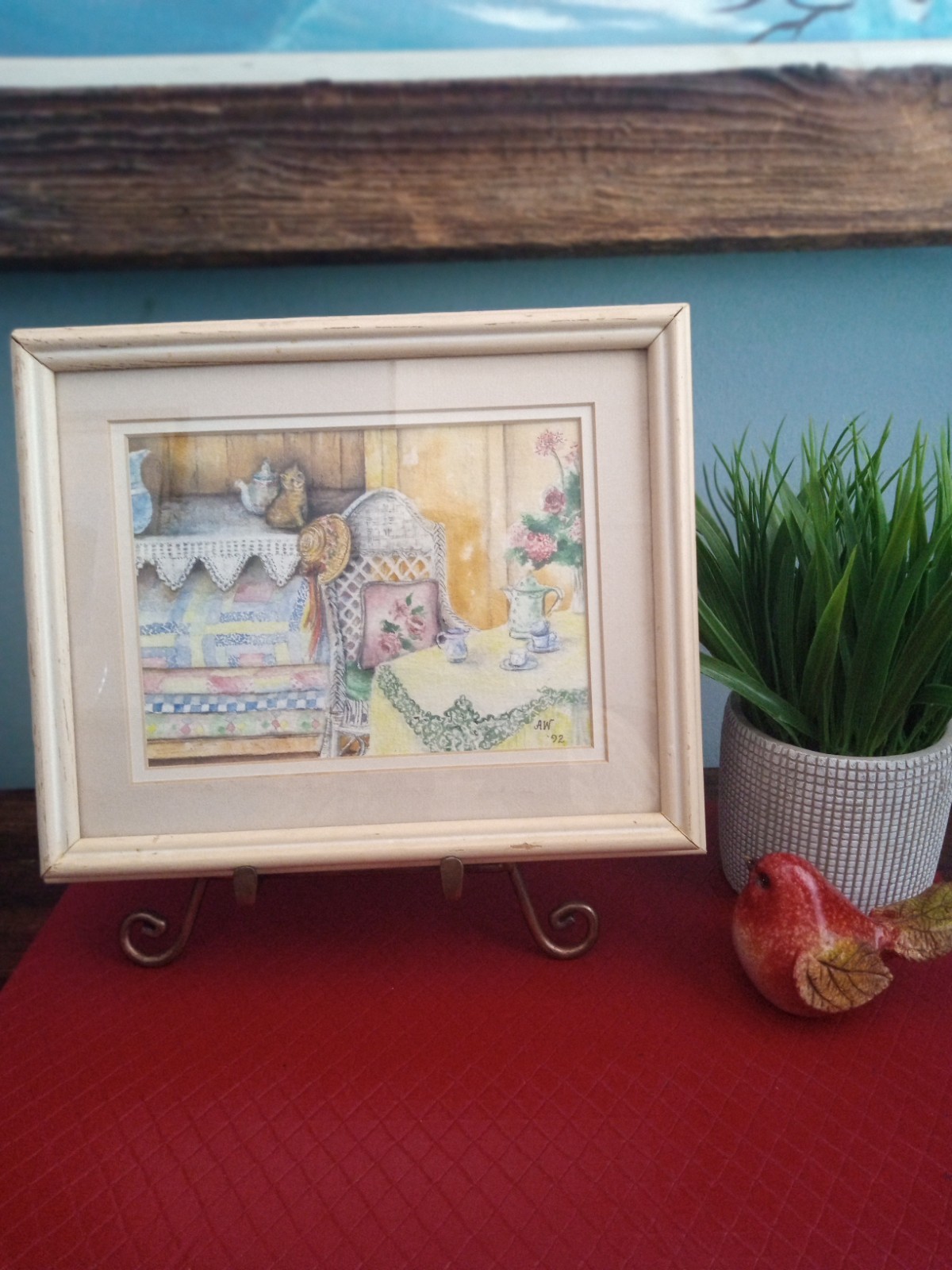 A Beautiful Original 1992 Watercolor Of A Little Kitty Sitting In A Room By AW