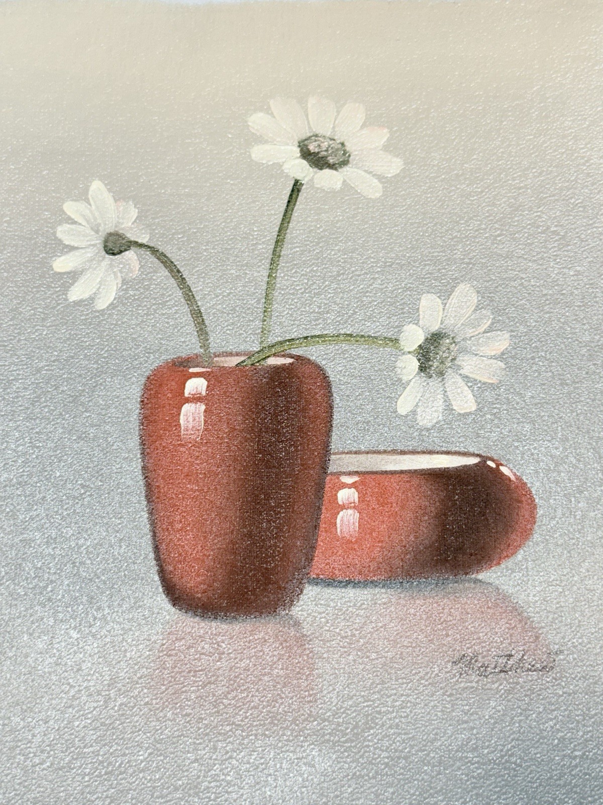 Still Floral Daisy In Red Pot Painting Canvas 11.5×13.75 8×10 80s