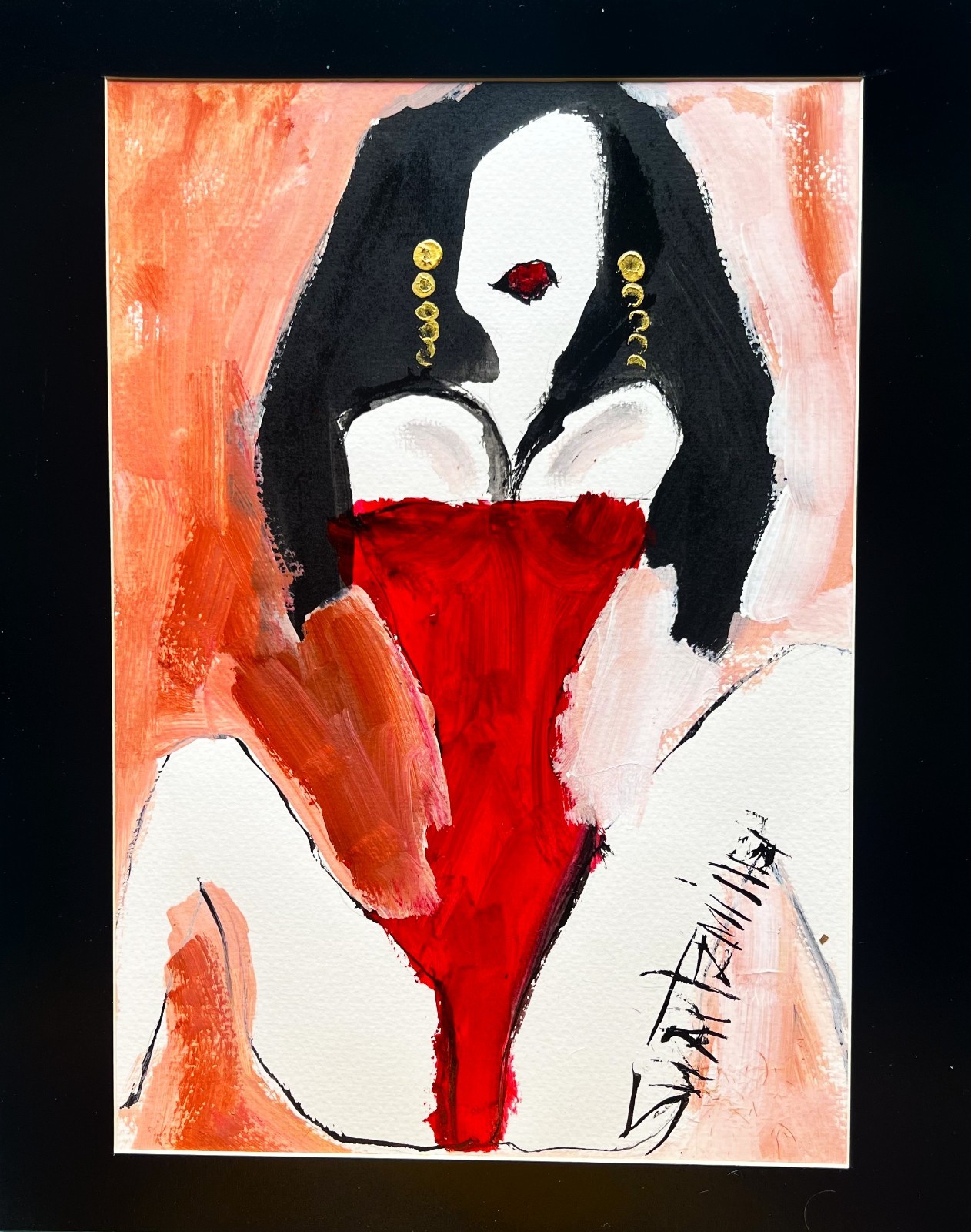 ORIGINAL Pop Art RED DRESS LADY PAINTING Framed 15 x 11 SWARTZMILLER DNA SIGNED