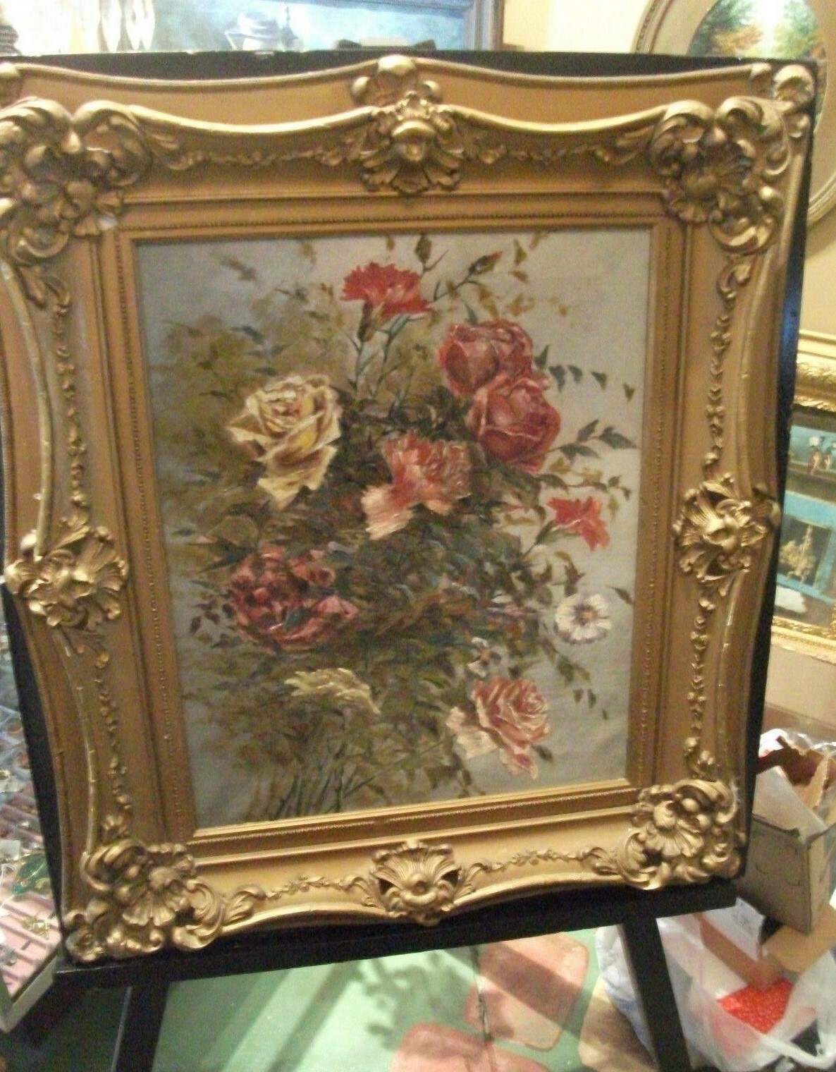 c1925 Impressionistic Roses Flowers Orginial framed OIL canvas ART painting
