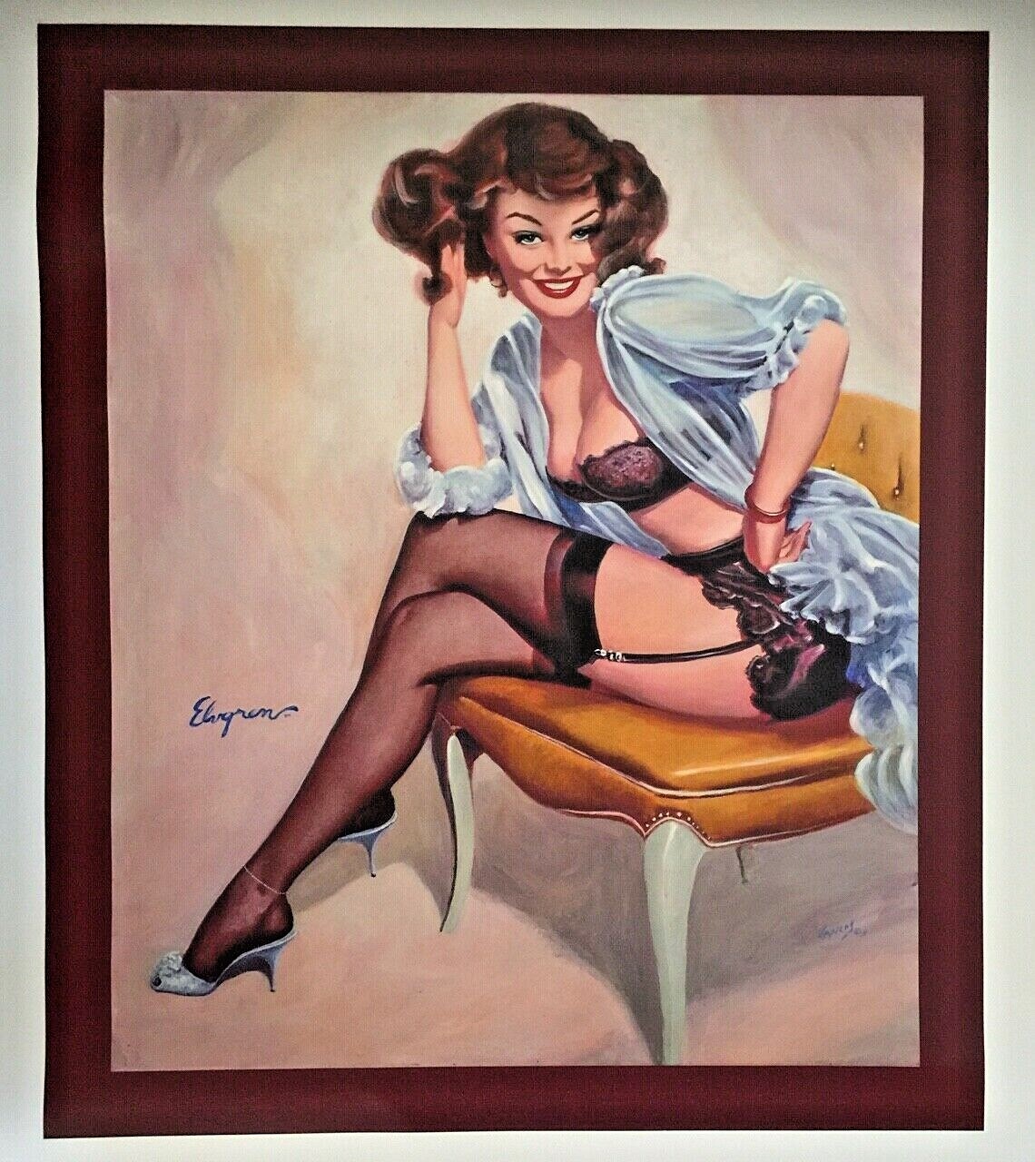 SUPER SALE LG Canvas WELL SEATED pinup ELVGREN pin-up REDHEAD LINGERIE STOCKINGS