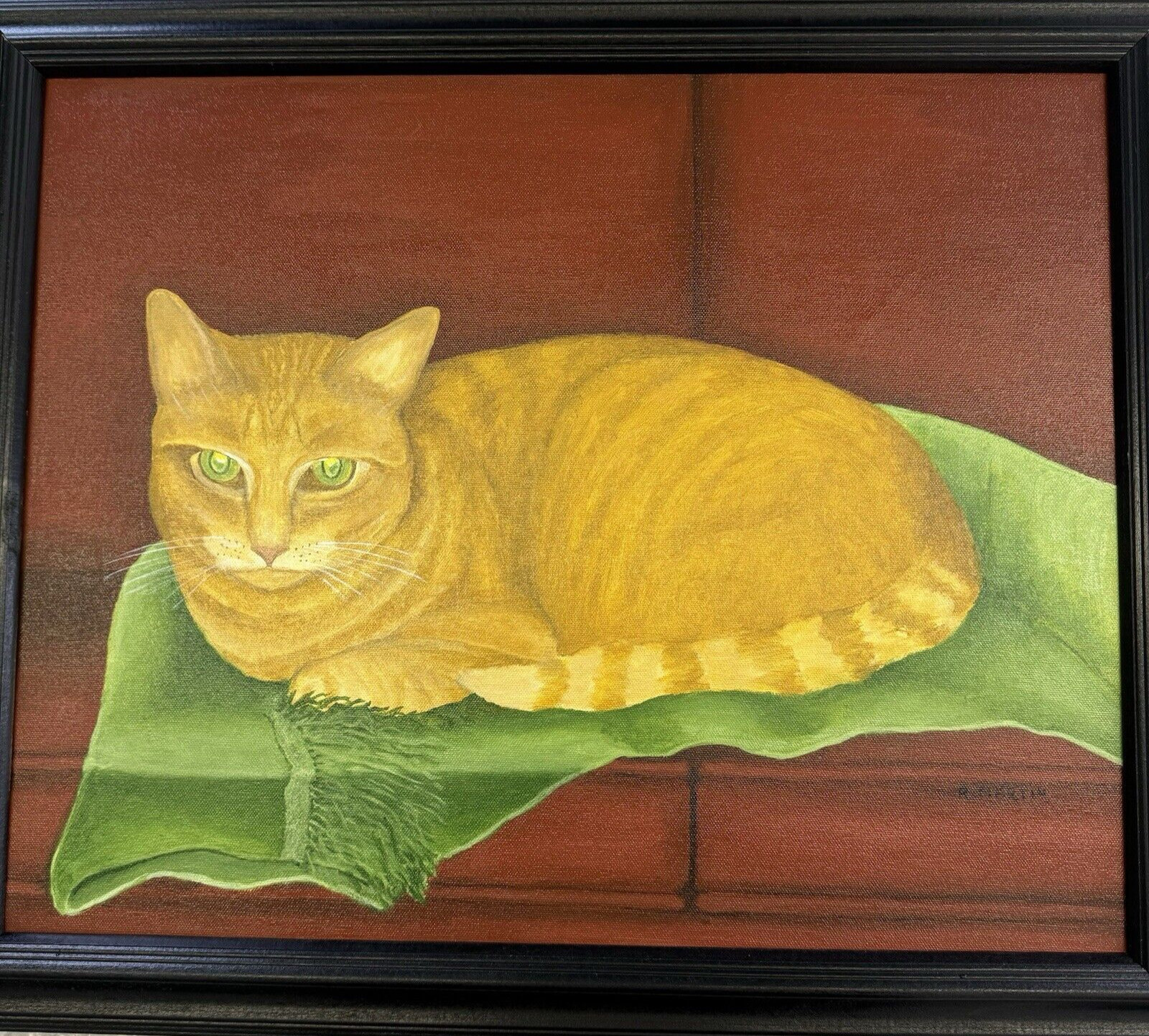 Orange Cat Original Oil Painting Green Eyes Signed R. Martin Tom Our Couch Cat
