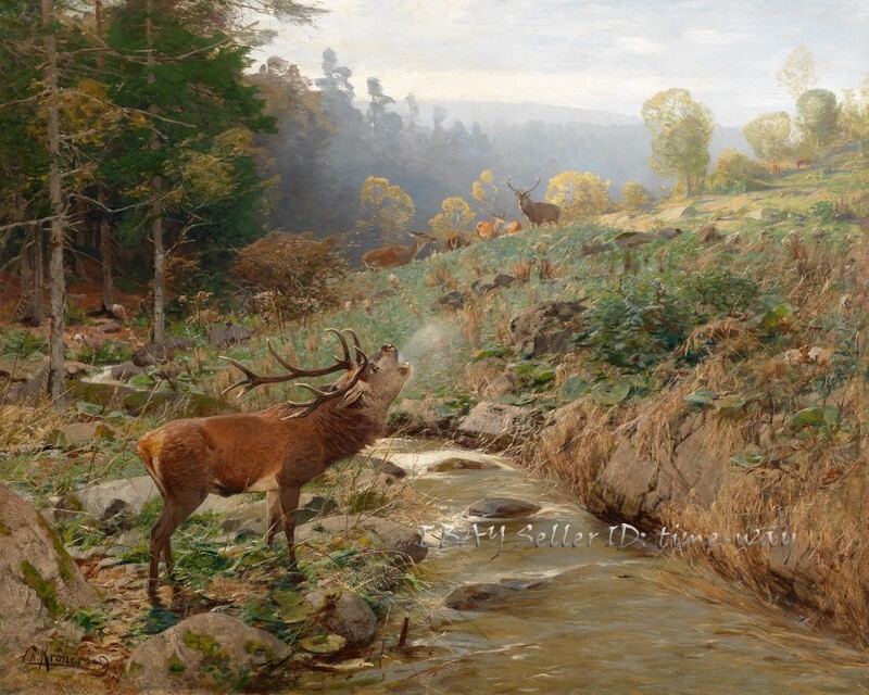 Elk Deer Scenery Oil painting Wall Art Giclee Printed on Canvas P629