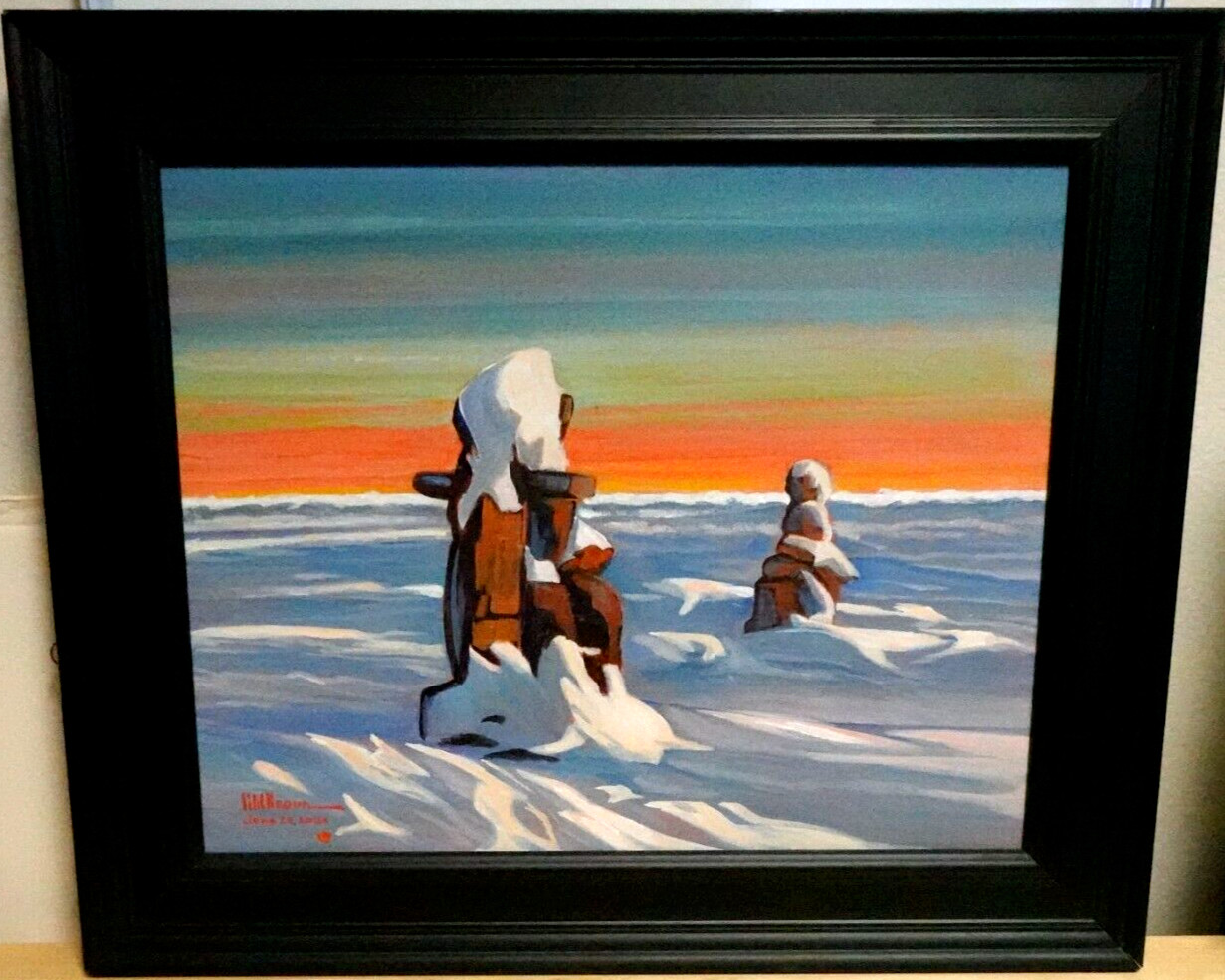 BERN WILL BROWN «INUKSHUK» ORIGINAL ACRYLIC ON CANVAS SNOW LANDSCAPE PAINTING