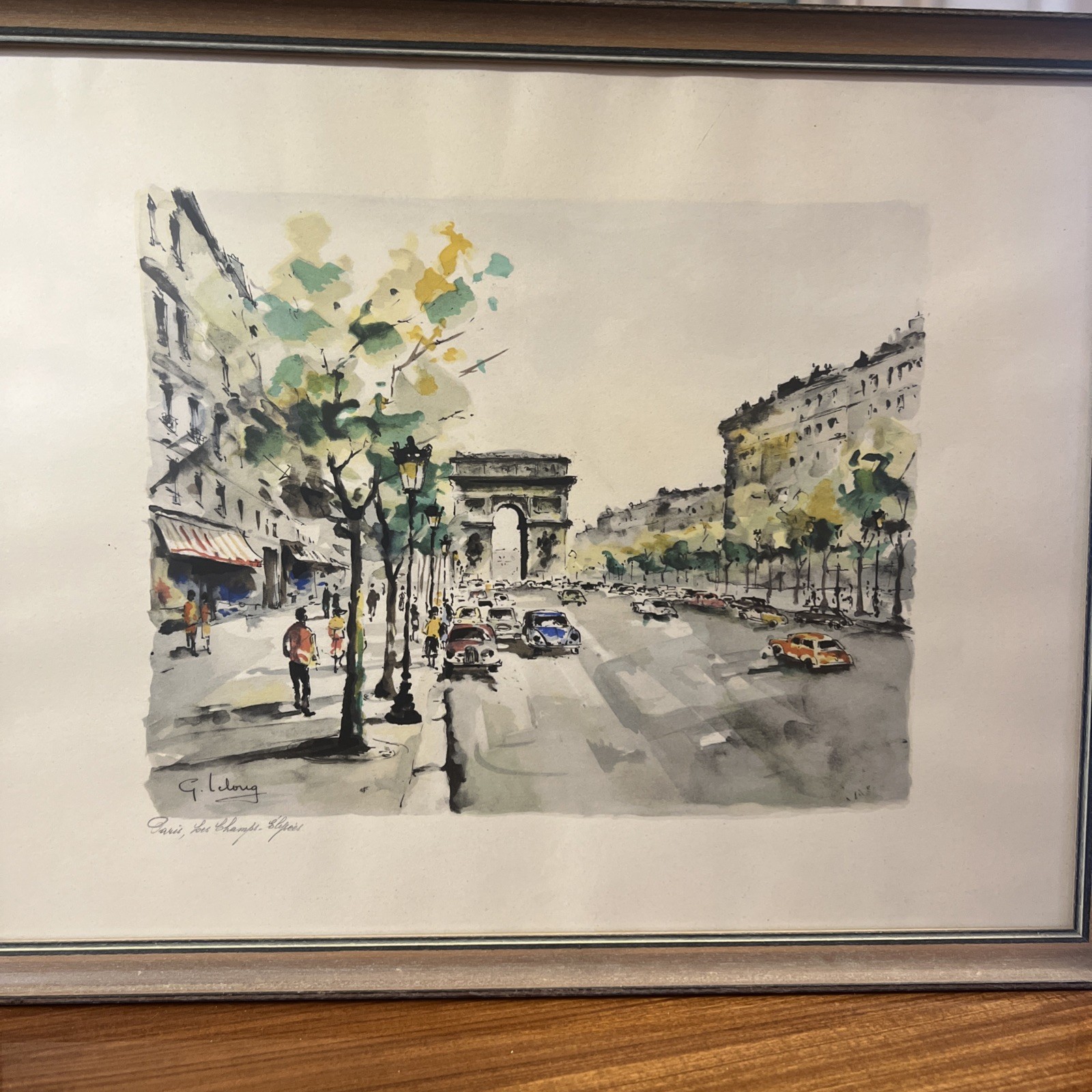 G. Lelong Original Paris Watercolor Champs Elysees Arc de Triomphe Framed