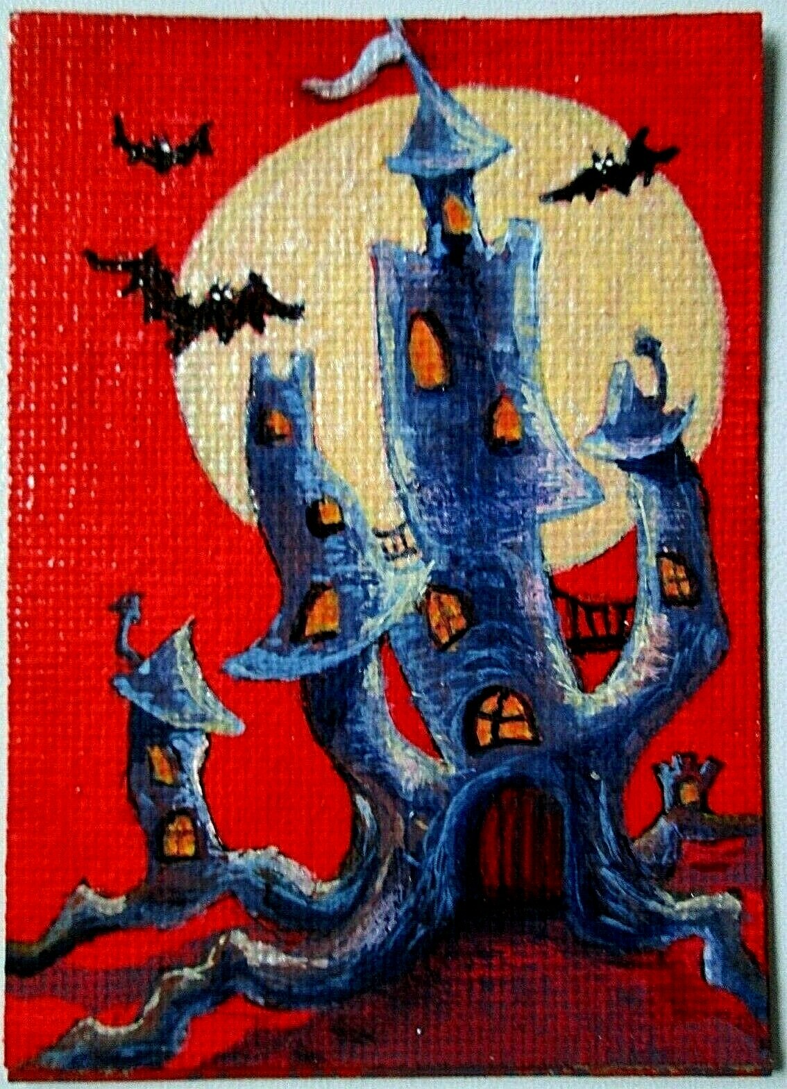 ACEO Original «Haunted Tree House» art painting acrylic Halloween Fantasy Fun