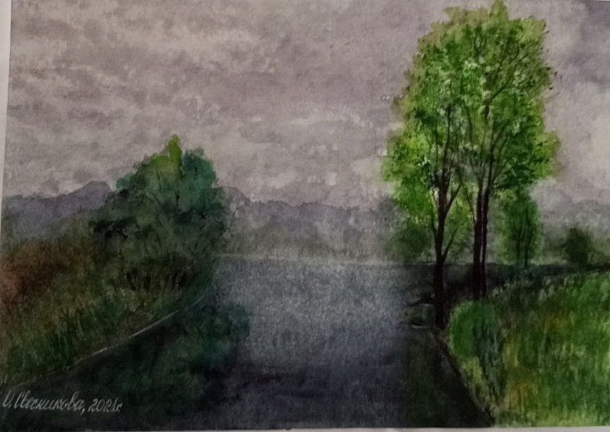 Original watercolor landscape of a gray day before a thunderstorm, river, trees