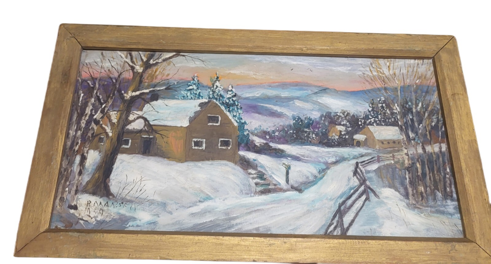 Mountain Village Snowy Scence Painting Signed 1959 11.5in Height x 20in Wide