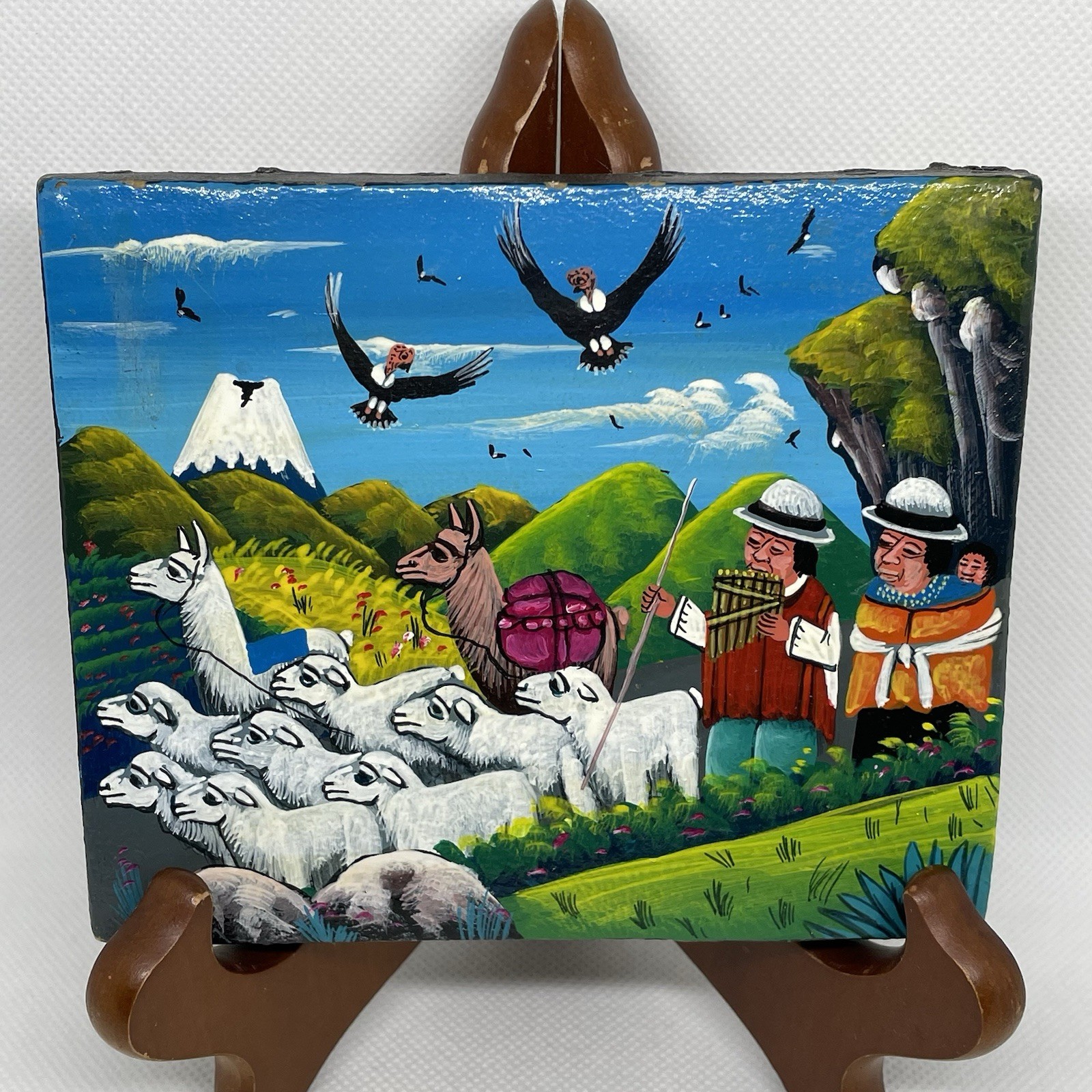 Cotopaxi Folk Art On Stretched Hide Hand Painted Ecuador 4 x 4.75 Inches Gift