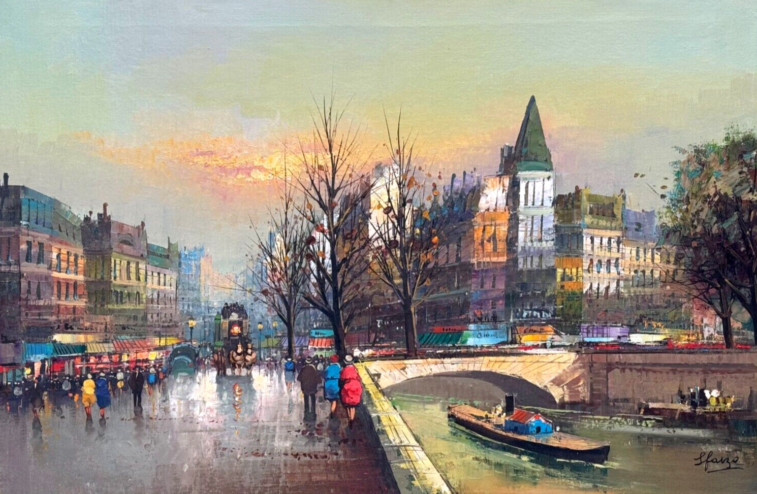 L FARZO SIGNED ILLEGIBLE PARIS FRANCE OIL PAINTING RIVER SEINE FIGURES STREET