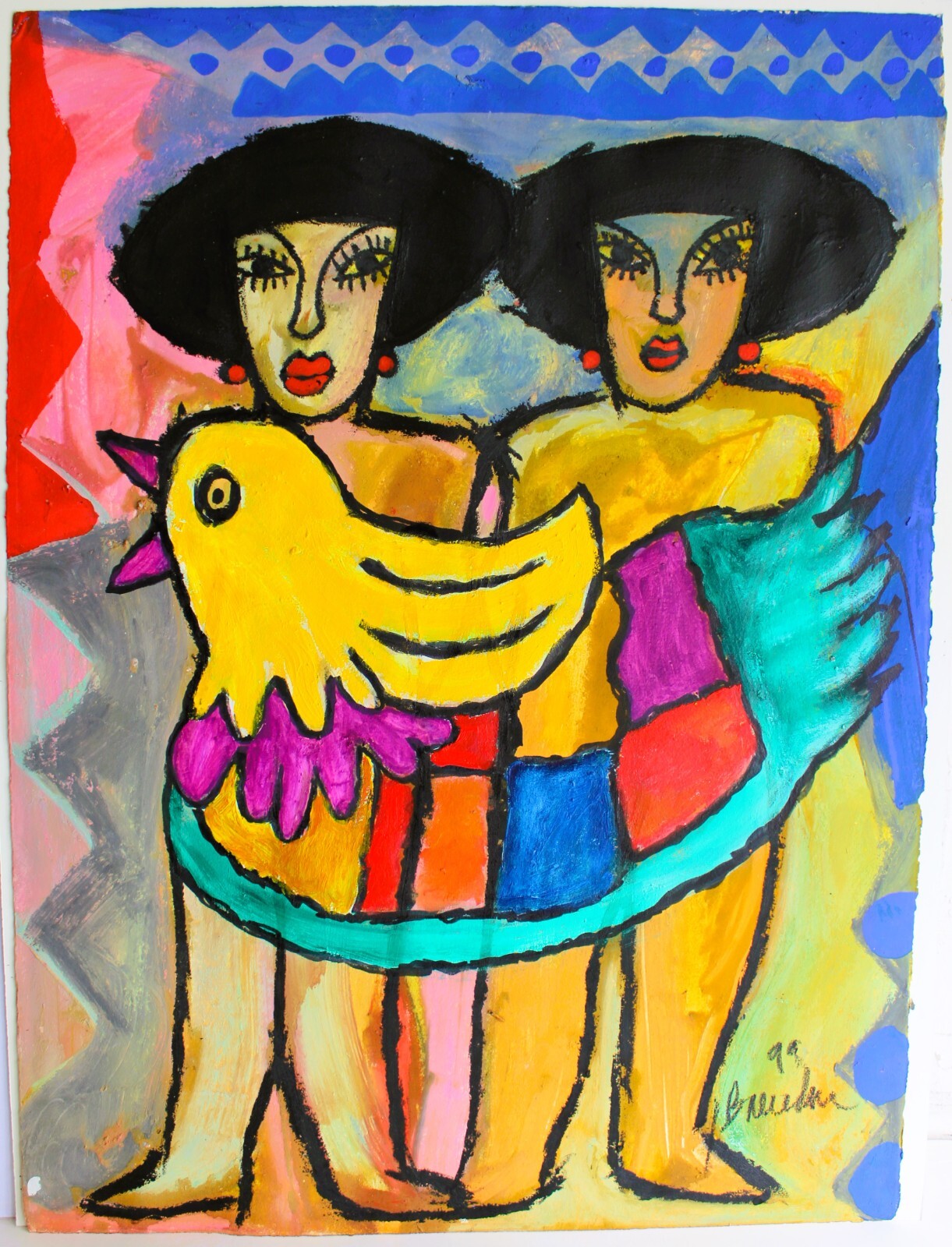 JUAN CARLOS BRECEDA MIXED MEDIA ON PAPER 1999 SIGNED TWO GIRLS GEMELAS TWINS COA