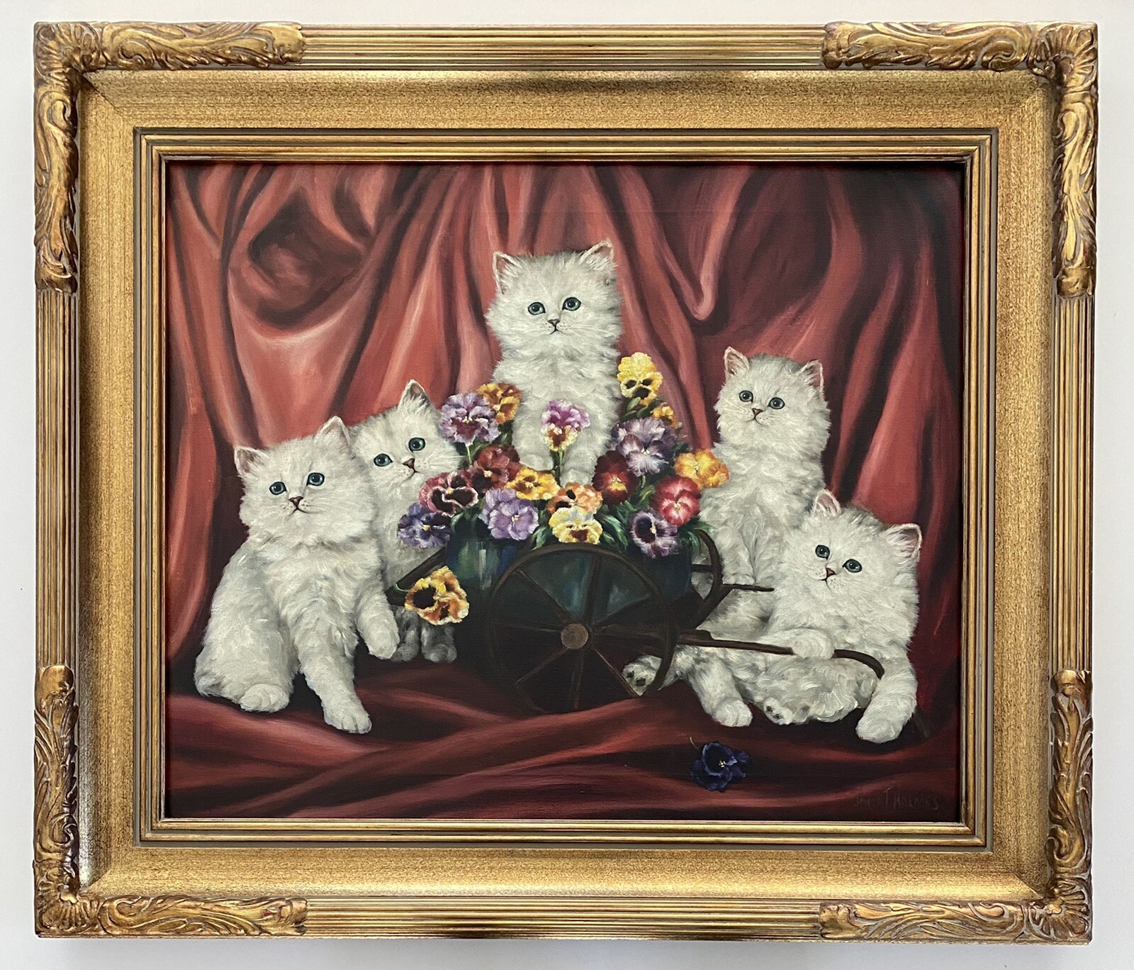 Janet Holmes Antique 1930s Deco Cat Kitten Pansy Flower Wagon Portrait Painting