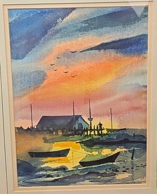 Vintage Watercolor Painting Sunset Ocean Fishing Boats Signed Art Framed 1972