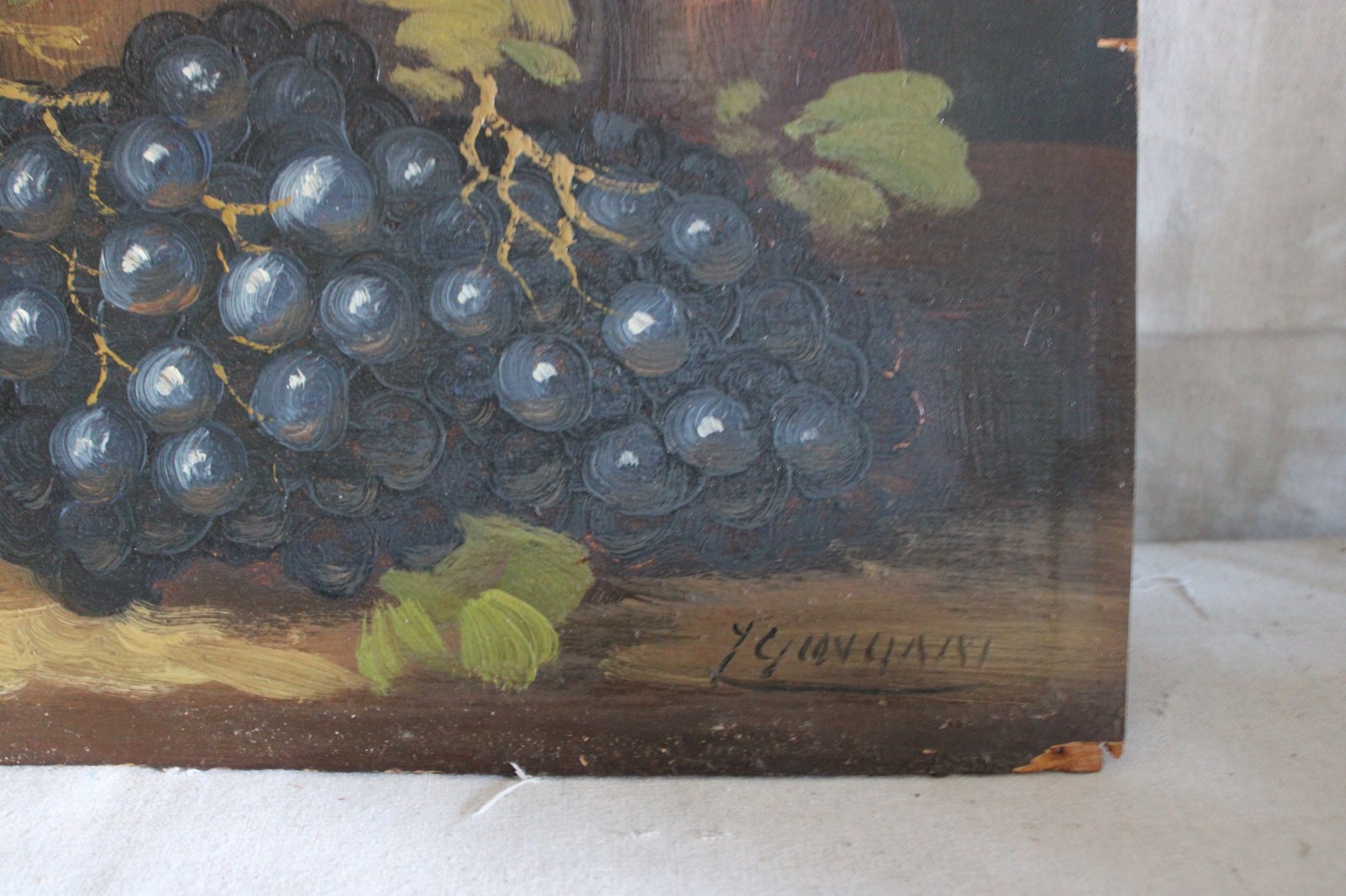 ANTIQUE STILL LIFE WINE HARVEST OIL PAINTING FRUIT SIGNED COUNTRY PRIMITIVE ORIG