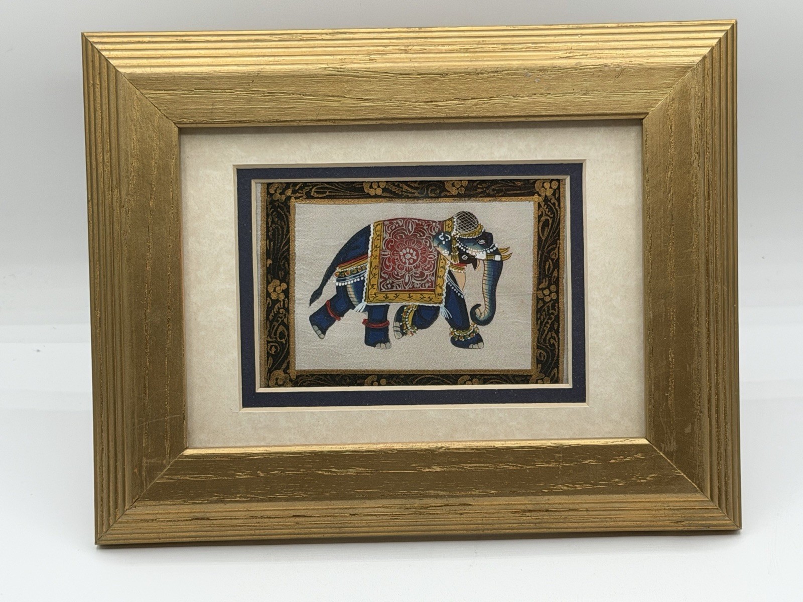 Vintage Framed Indian Painting On Silk of Decorated Royal Elepant