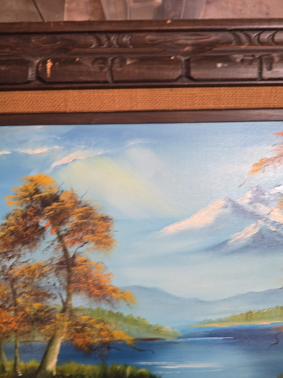 Vintage 70s Mountain Lake Landscape Oil Painting Signed Cole Carved Wood Frame