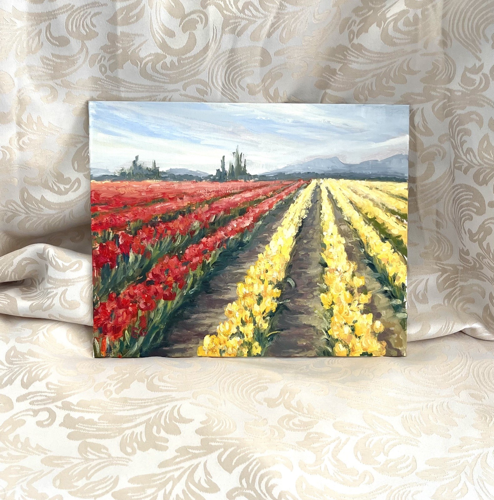 Skygit Valley Tulips Original Oil Painting,WA PNW Landscape Art 8×10”