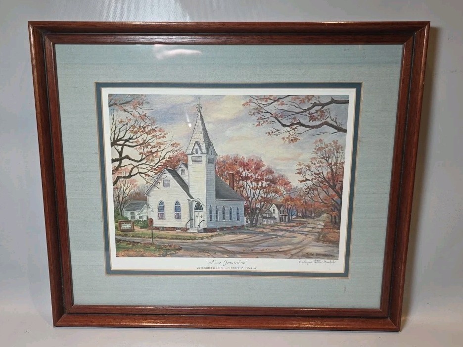 VTG Signed Evelyn Steinkuhl New Jerusalem Church Eberfield IN Litho Painting Art
