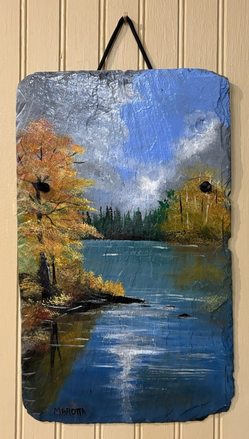 Hand painted art acrylic painting on slate nature, landscape, water Scene