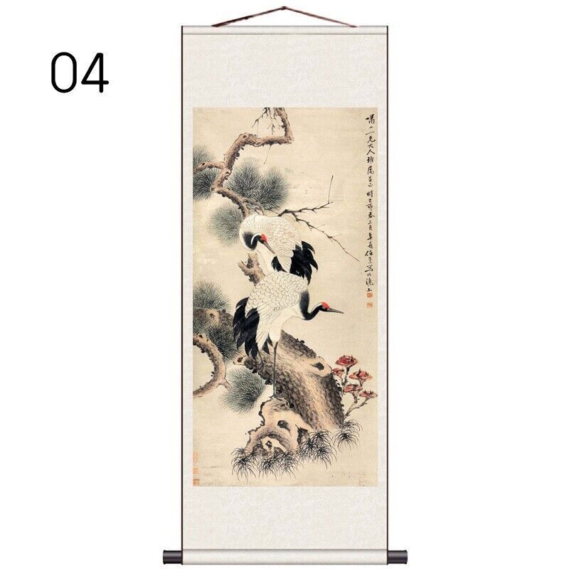 1PC Asian Silk Scroll Painting Crane Feng Shui Wall Hanging Artwork Framed