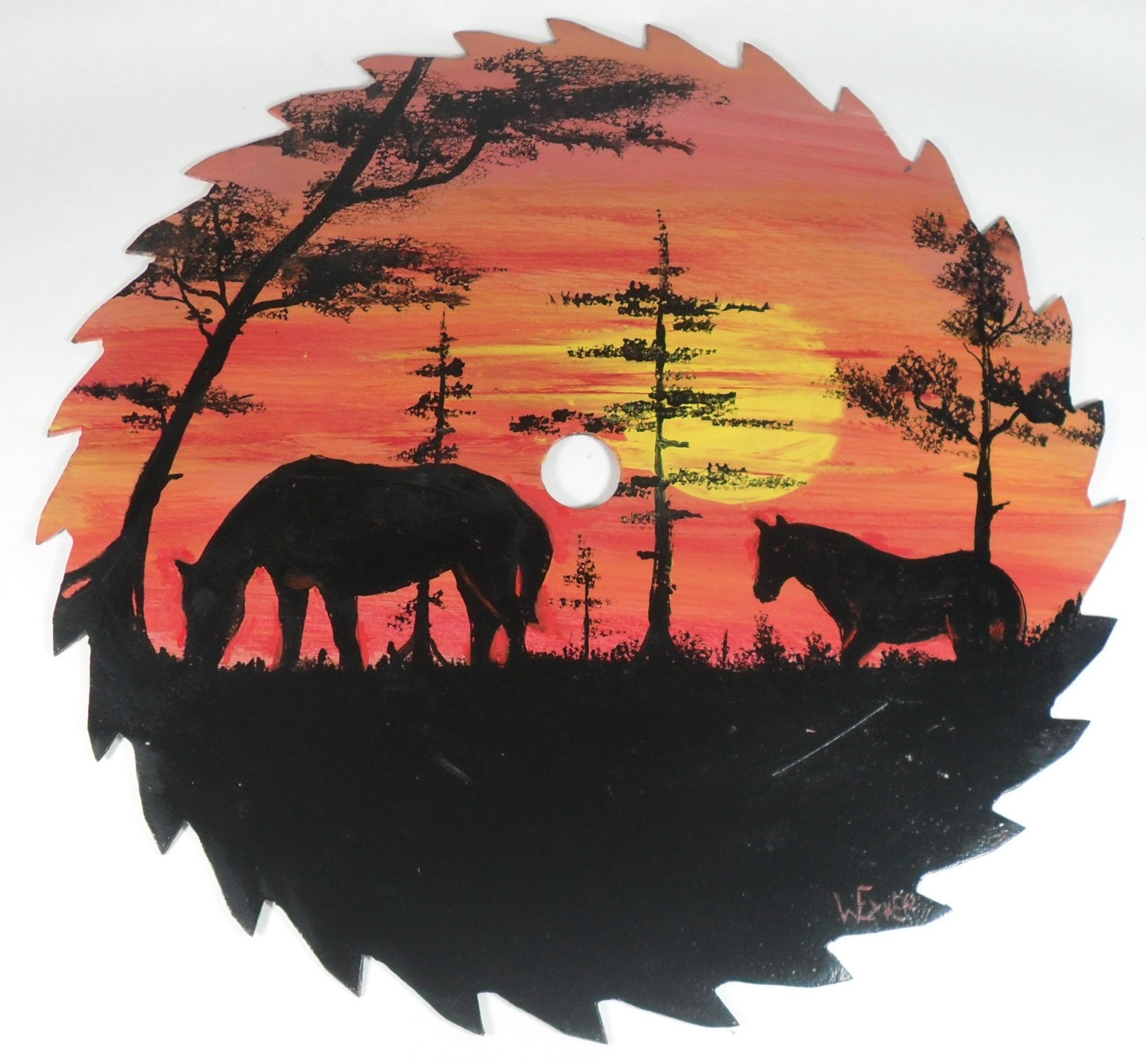 Vintage Horse Painting on 17in Saw Blade Signed Folk Art Sunset Country Sign