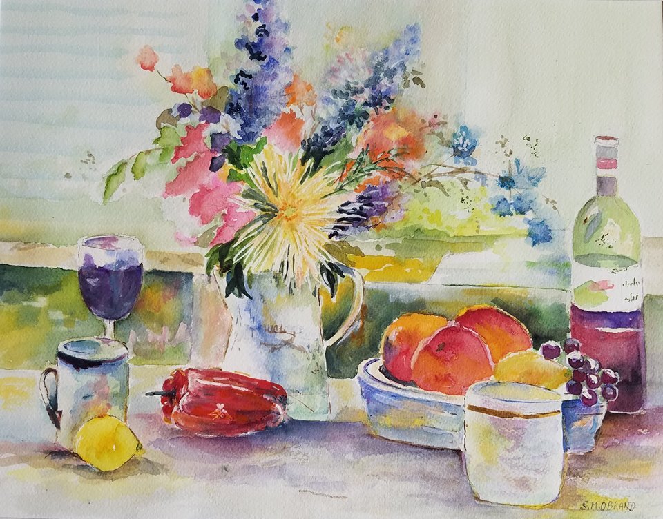 Painter Suzanne Obrand, Holocaust Survivor, Watercolor «Food, Wine and Bottles»