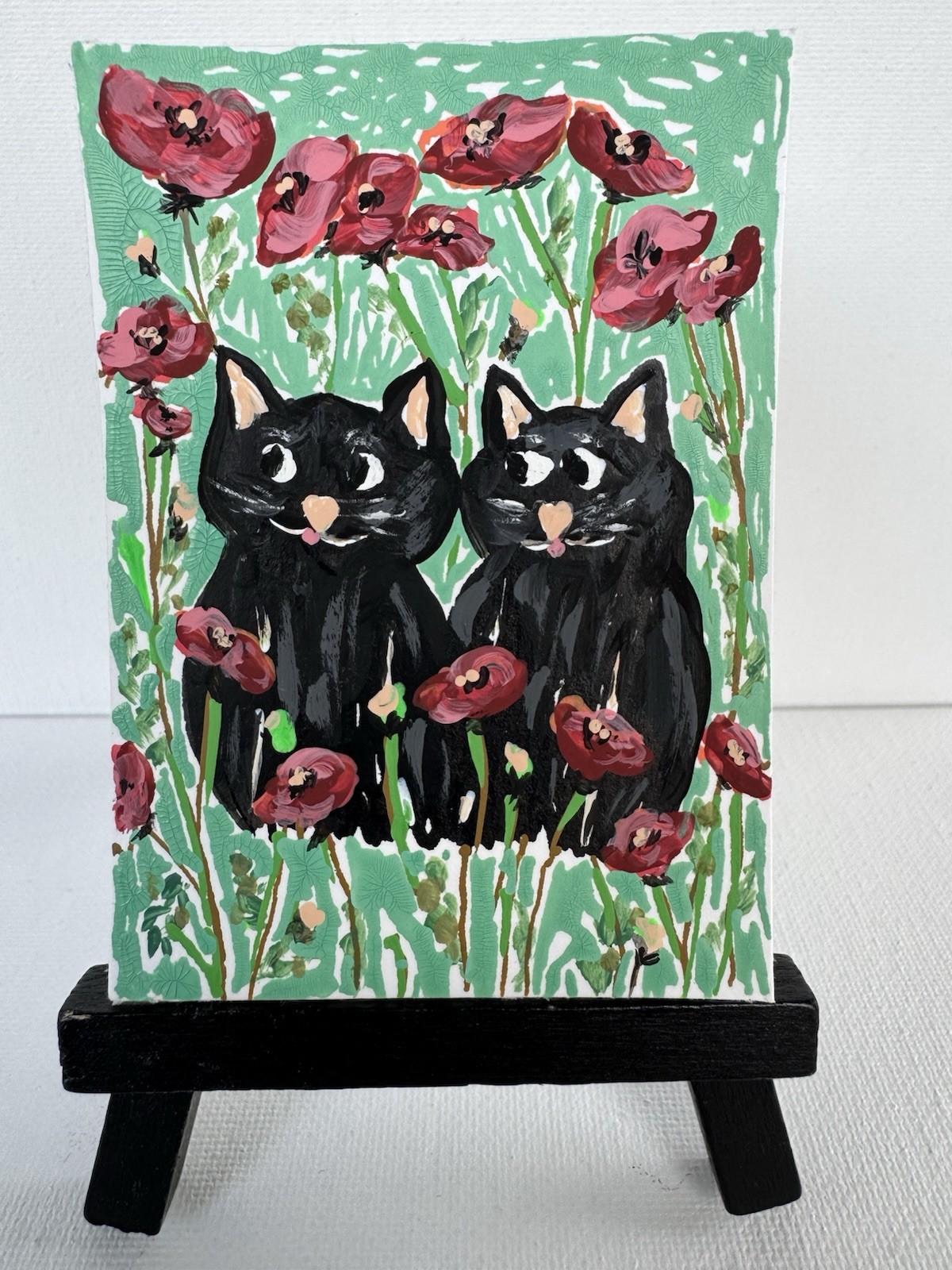 ACEO Original Black Cats & Poppies 2.5 x 3.5 Miniature Painting