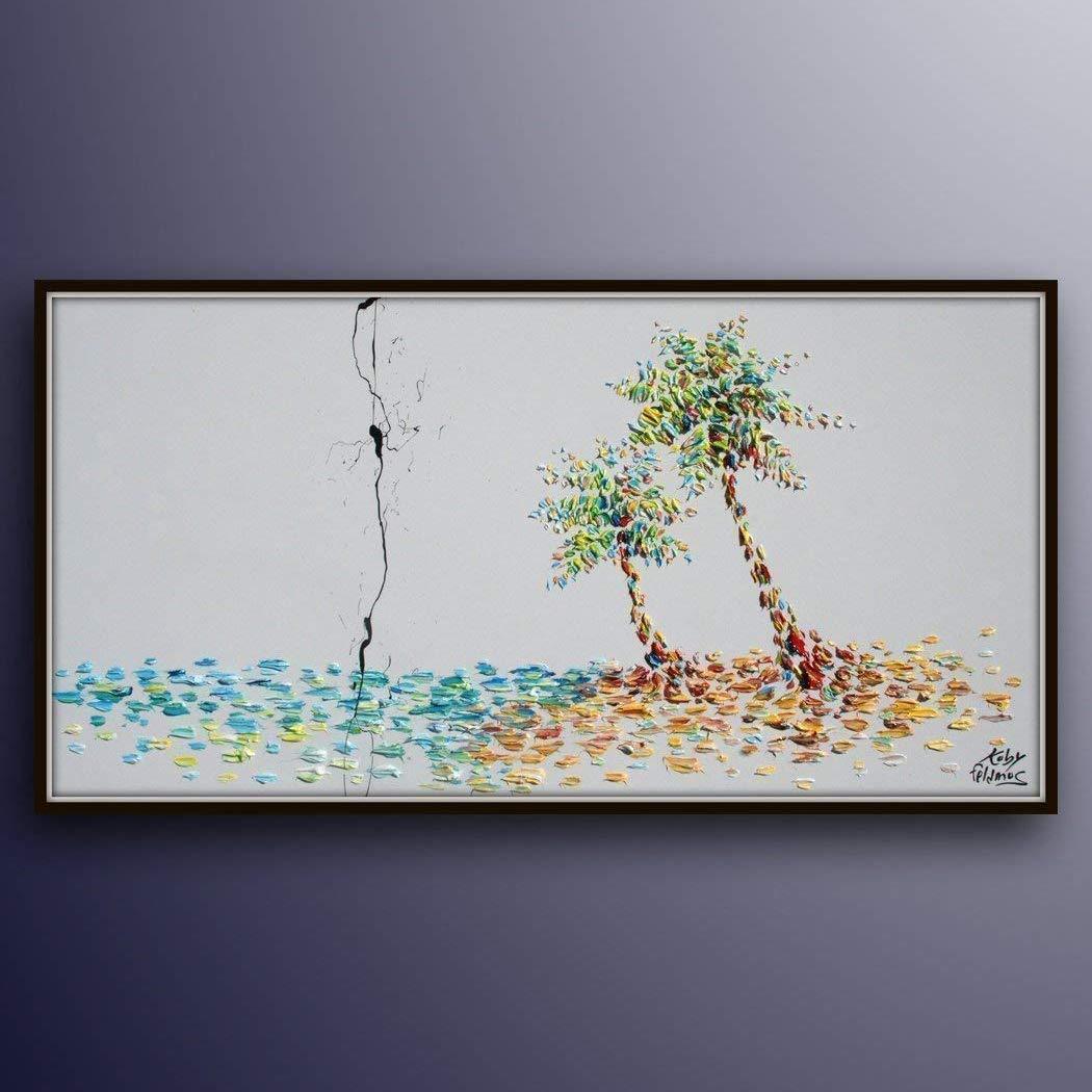 Island painting 55″ seascape, turquoise ocean palm trees Beautiful Landscape