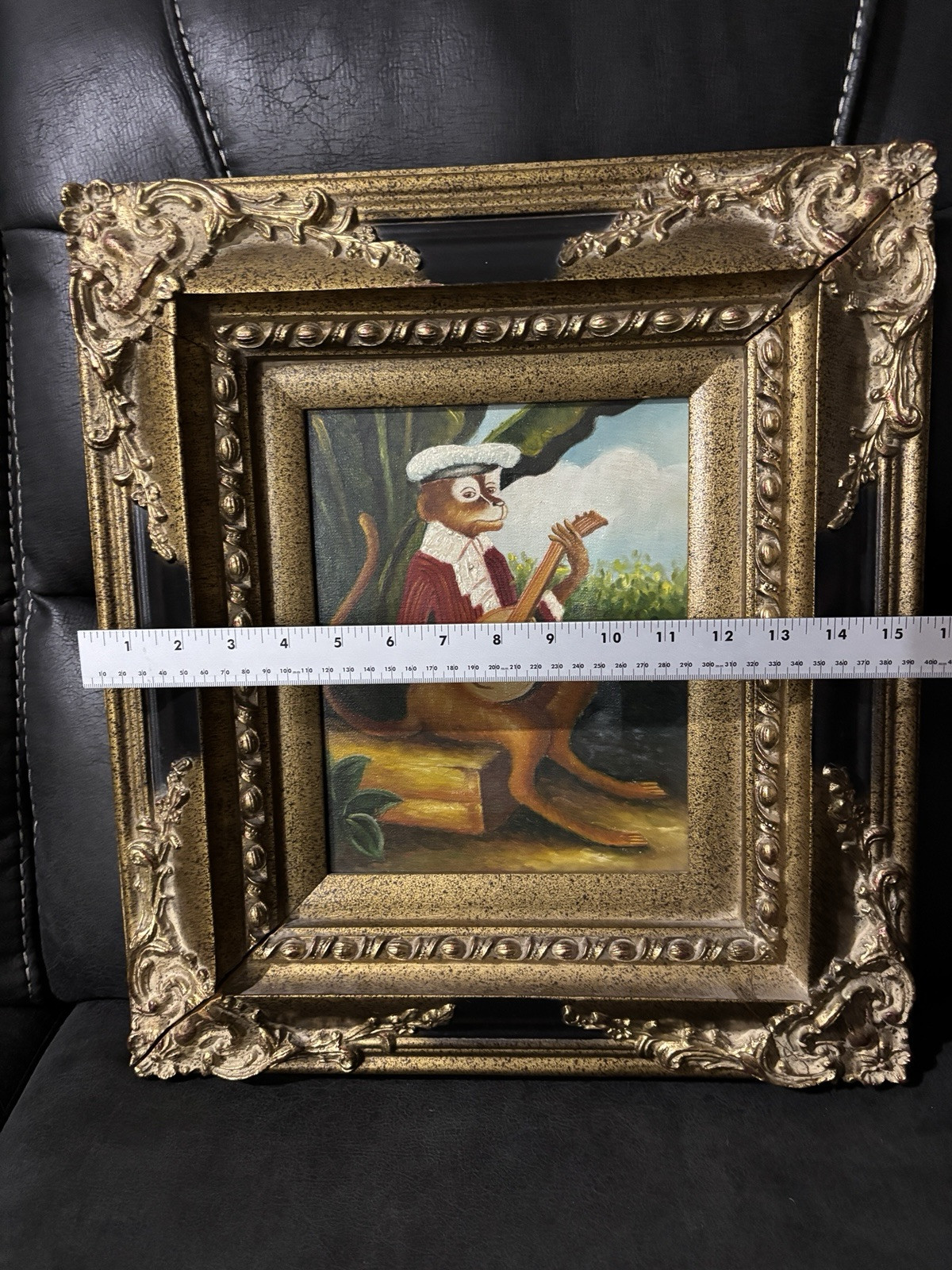 Oil Painting of an Anthropomorphic Monkey Playing Mandolin. Gold heavy Frame.