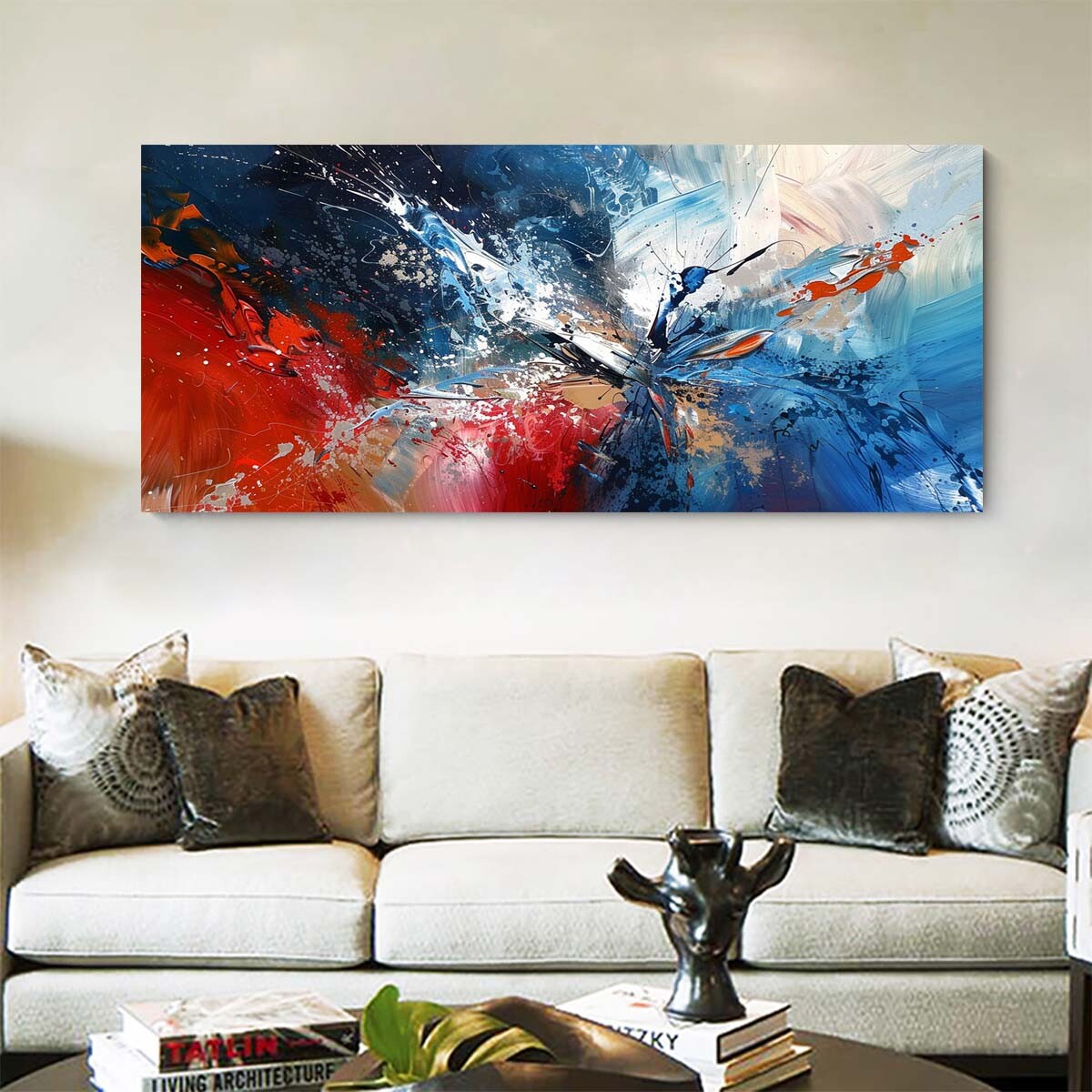Blue and Red abstract modern hand painted art oil painting on canvas