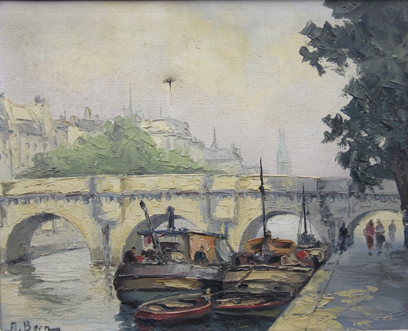 Signed Paris river bridge street scene oil painting Albert Bern 14×16” framed