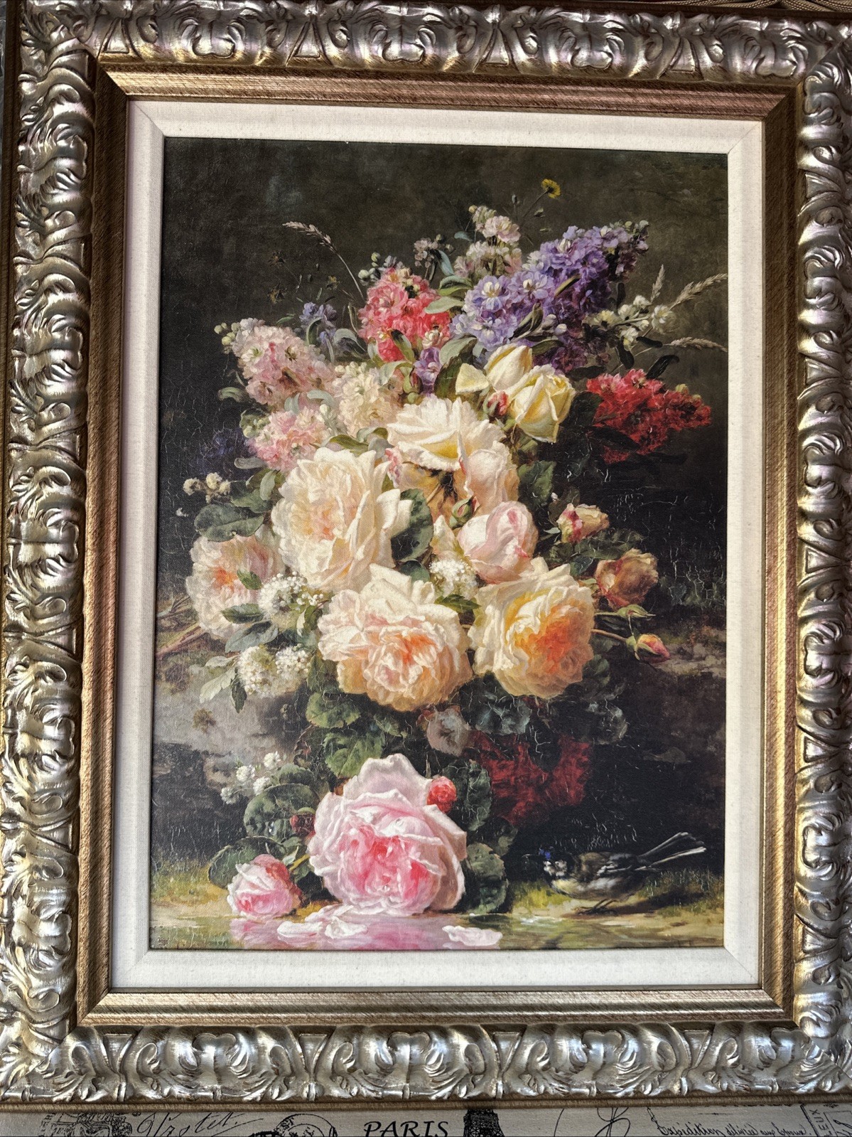 Vtg «Still Life With Roses» by Jean-Baptiste Robie Print Solid Wood Ornate Frame
