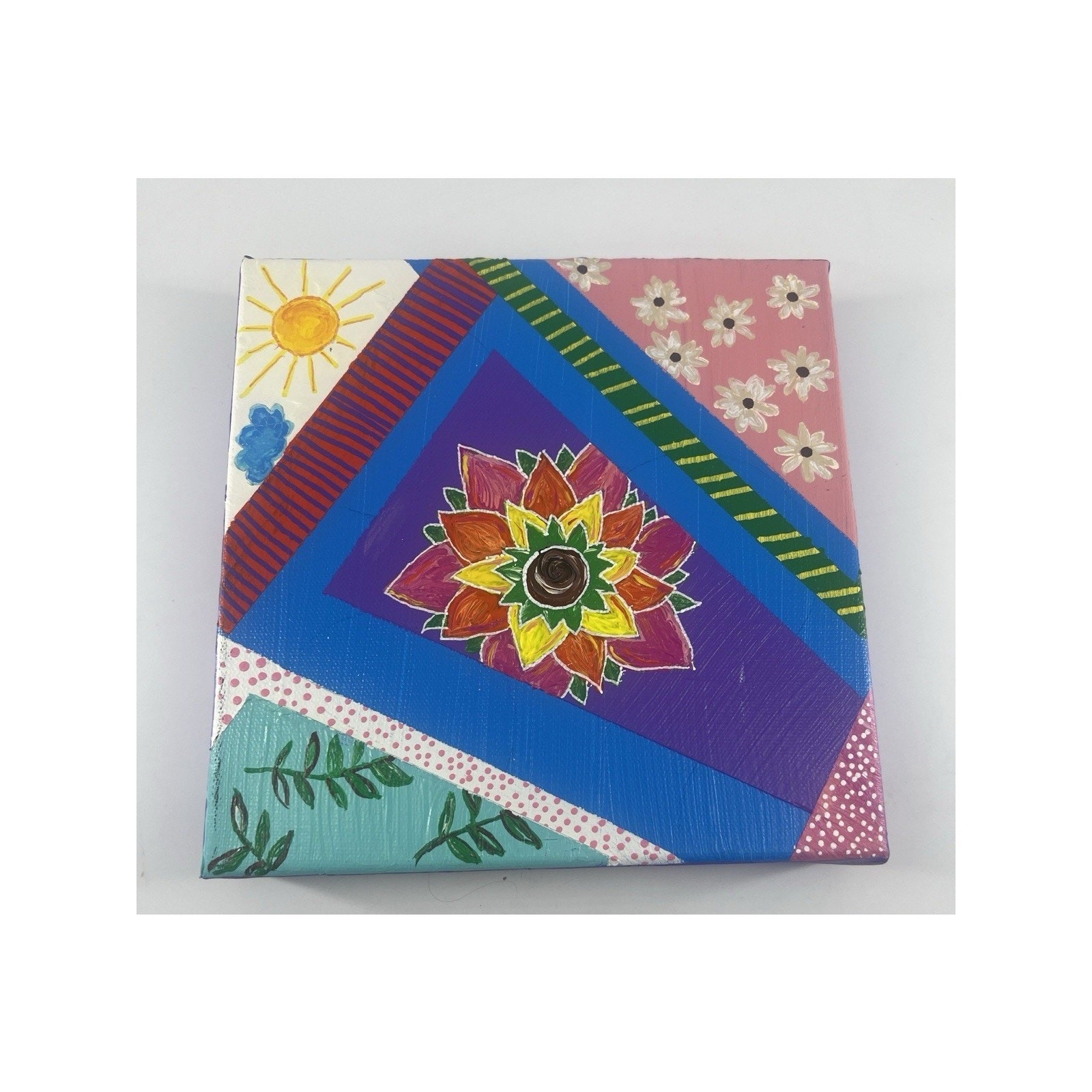 Handmade Acrylic Painting Canvas Square Abstract Mulitcolor Floral 7.5″x8″x1.5″