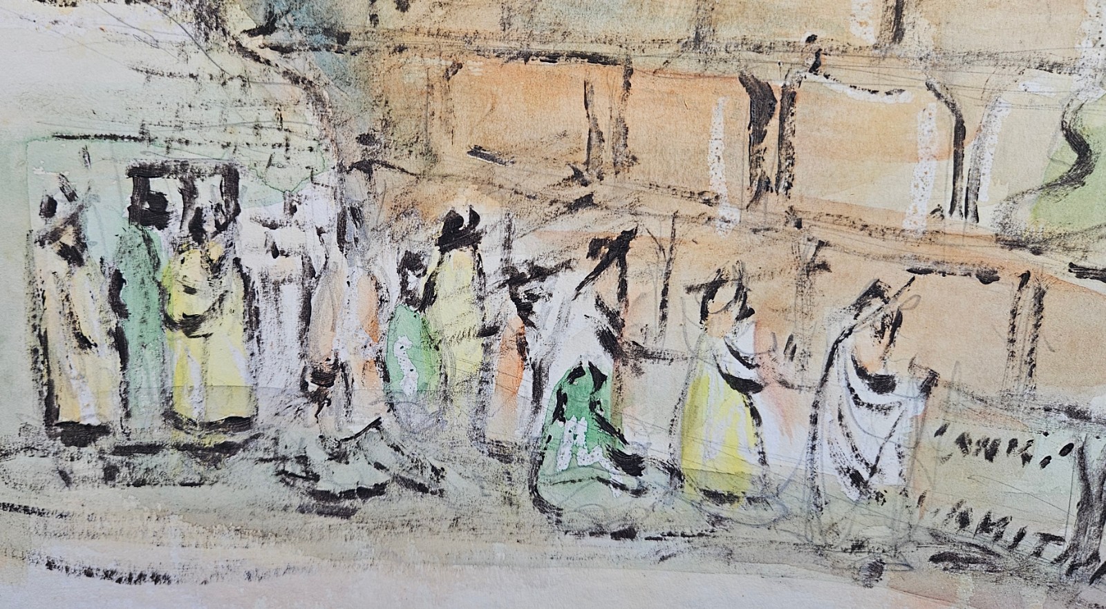 «Rabbis at Wailing Wall Jerusalem» Mixed Media Watercolor Signed by Artist