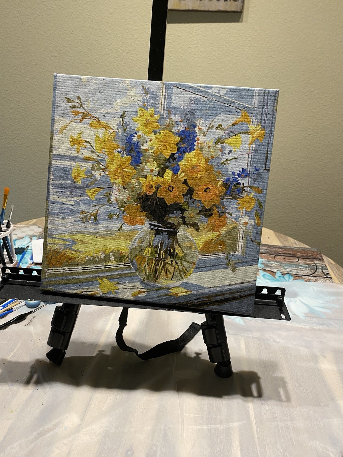 Impressionist Floral Still Life Painting, Yellow & Blue Flowers, Unframed