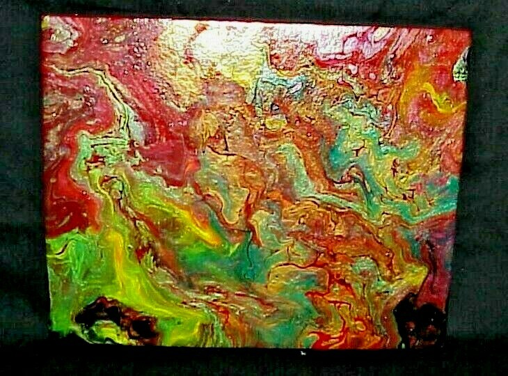 ORIGINAL ACRYLIC PAINTING ABSTRACT ART Wall Decor fluid pour red,gold,green,
