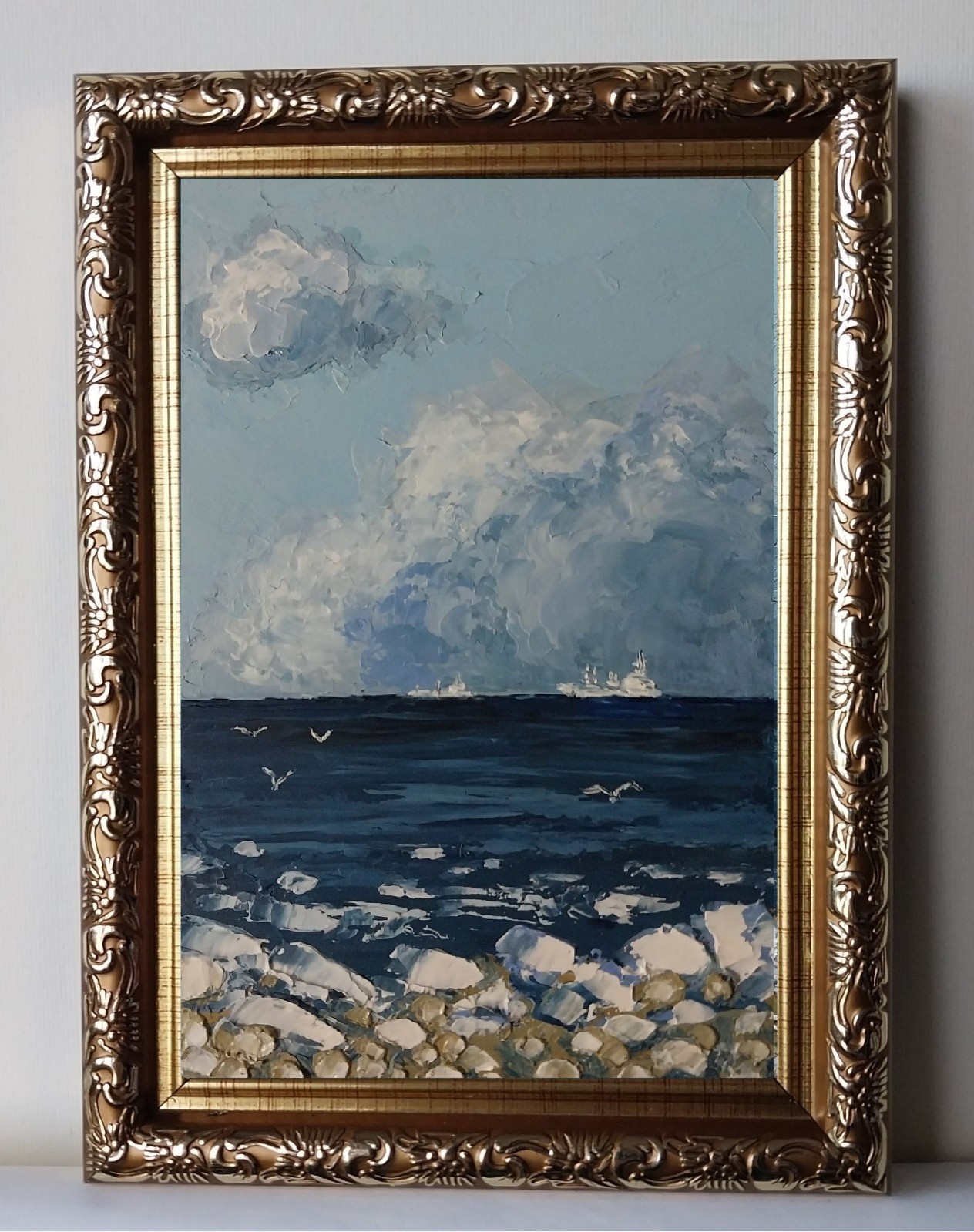 Framed Cloudy Sky Seascape Ships Winter Seashore Art 4×6” Original Oil Painting
