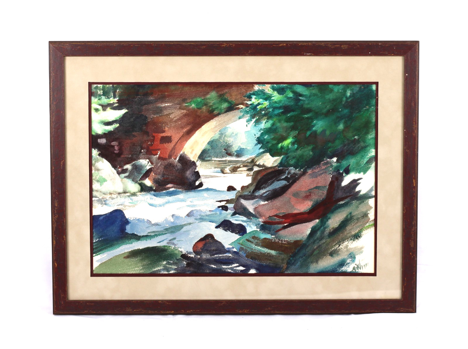 Vintage Bridge Over Rocky Stream Scene Watercolor Painting Signed AW 1971