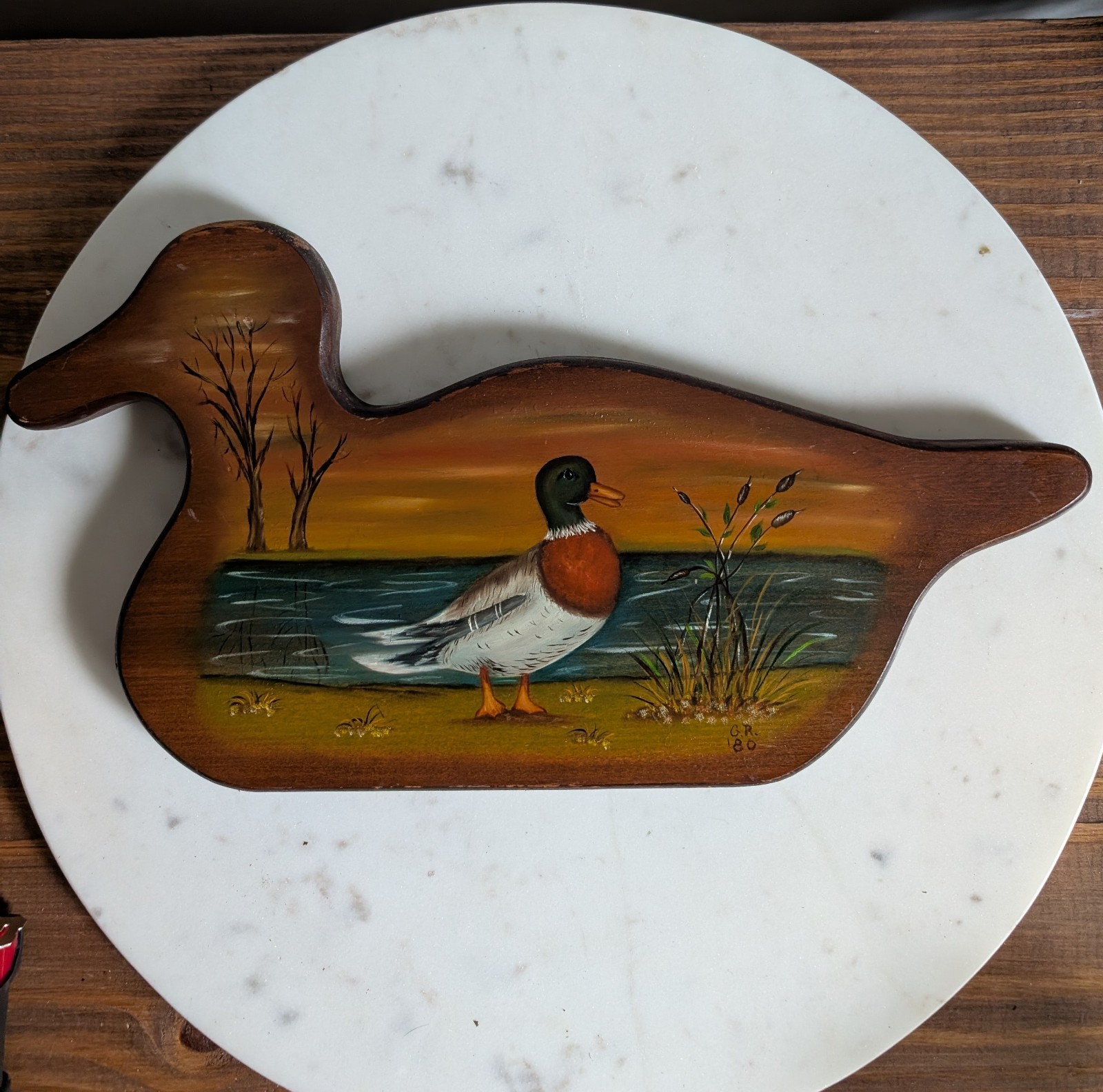 Wooden Duck Wall Painting Mallard Folk Art Signed G.R. 1980 Rustic Hand-Painted
