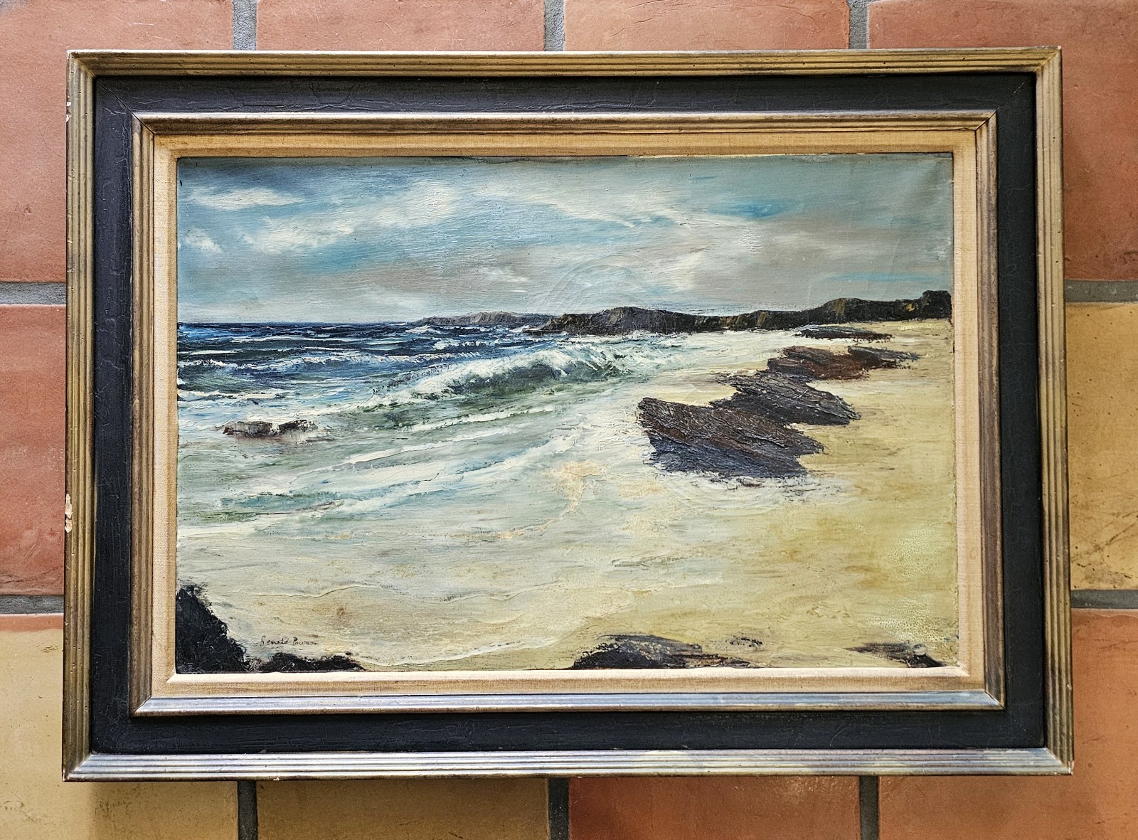 VTG RONALD PAWSON Oil Painting ROUGH SEA Coastal England Maritime SEASCAPE 27×37