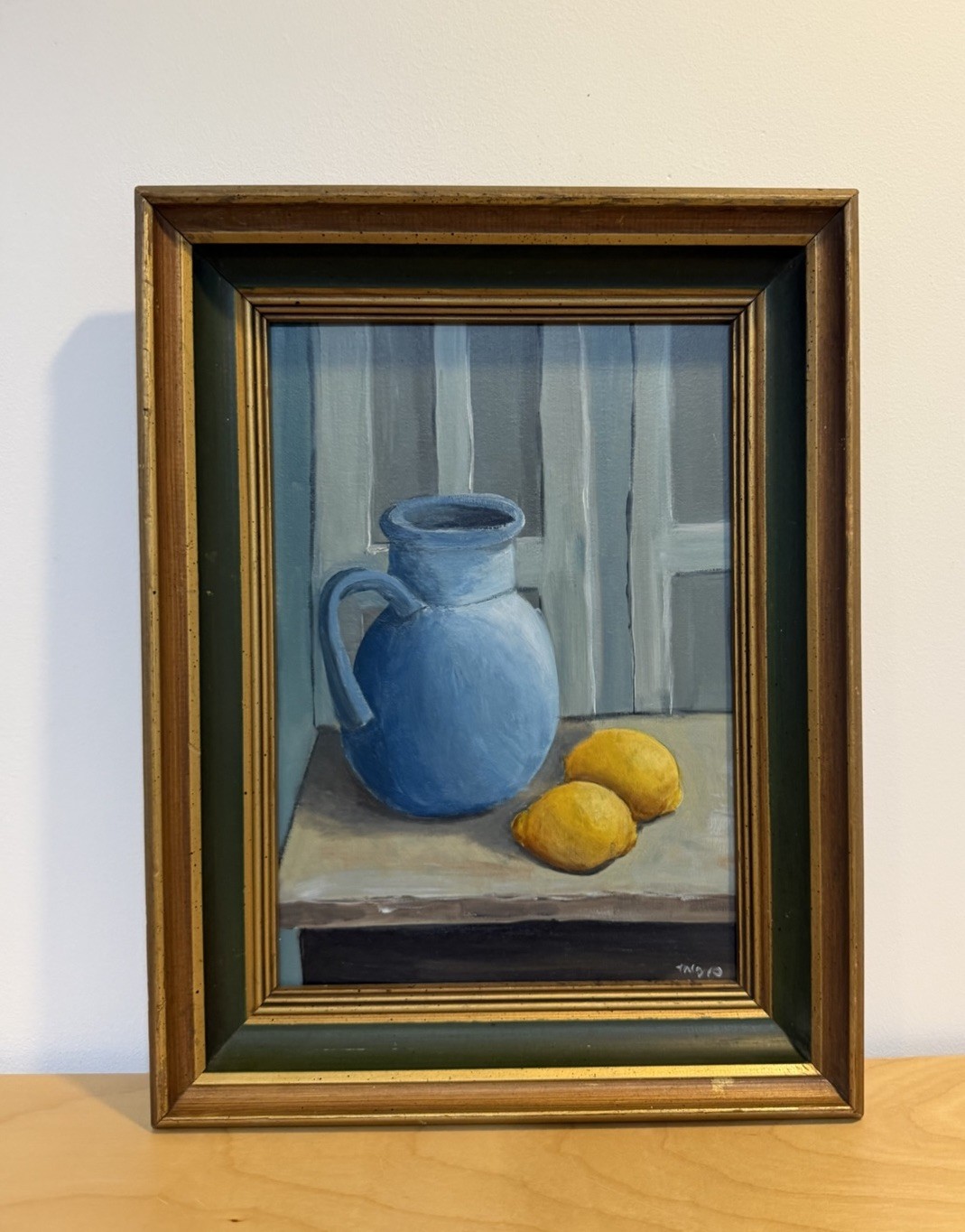 Original Still Life Painting On Canvas Pitcher & Lemons Signed Framed 13×17”