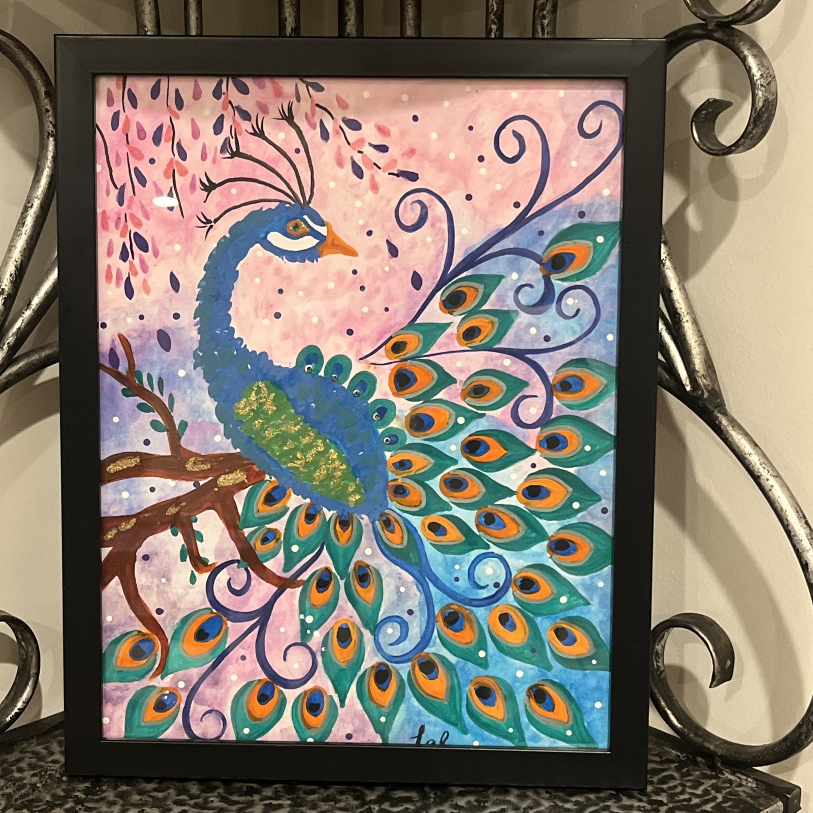 Framed Peacock Original Acrylic Painting in Vibrant Colors