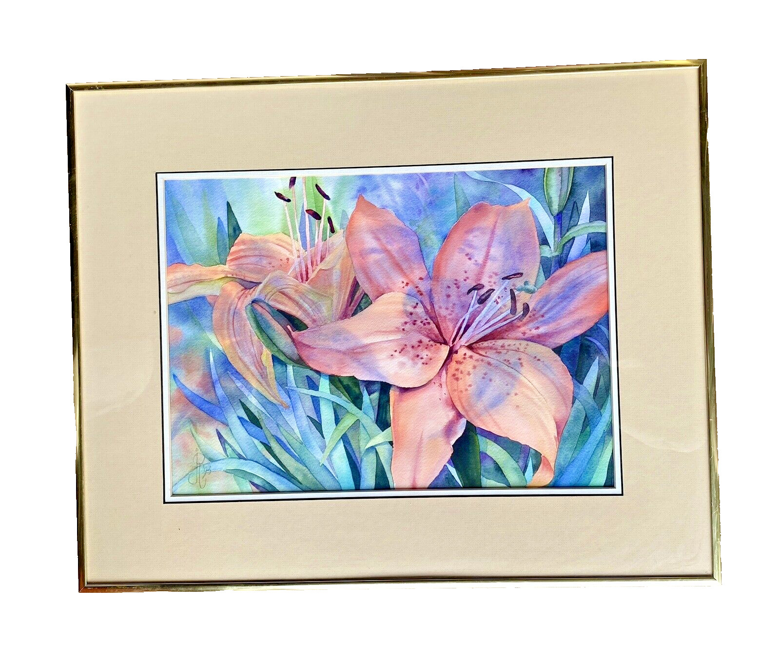 Vintage Framed Original Flower/Lily Watercolor Painting, JR 1992 20″ x 16″