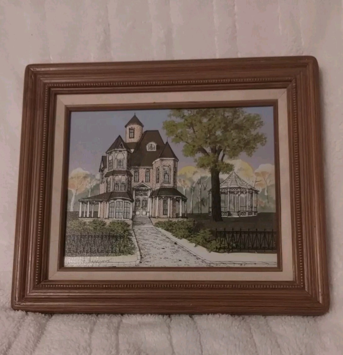 Vintage H Hargrove Victorian House W/ Gazebo Signed PaintingFramed W/ LOA
