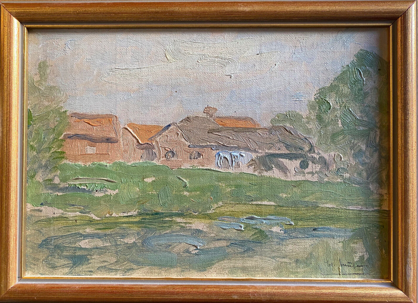 ::OIL PAINTING INDISTINCT SIGN VIEW OF NO VILLAGE IN FRONT OF LAKE WITH TREES MEADOWS