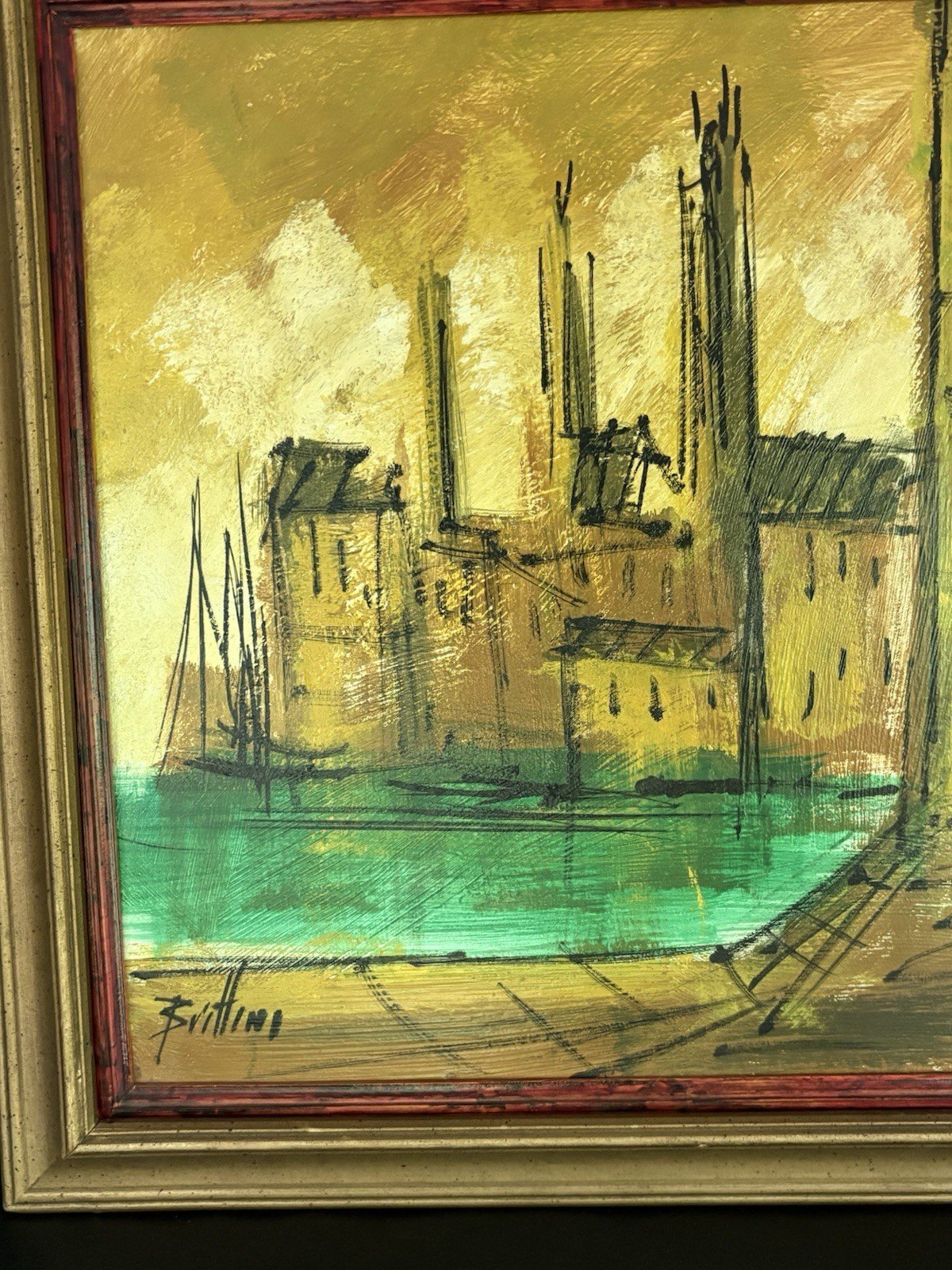 Vintage MCM Impasto Framed Painting Houses on Water Brittini 19” X 19”