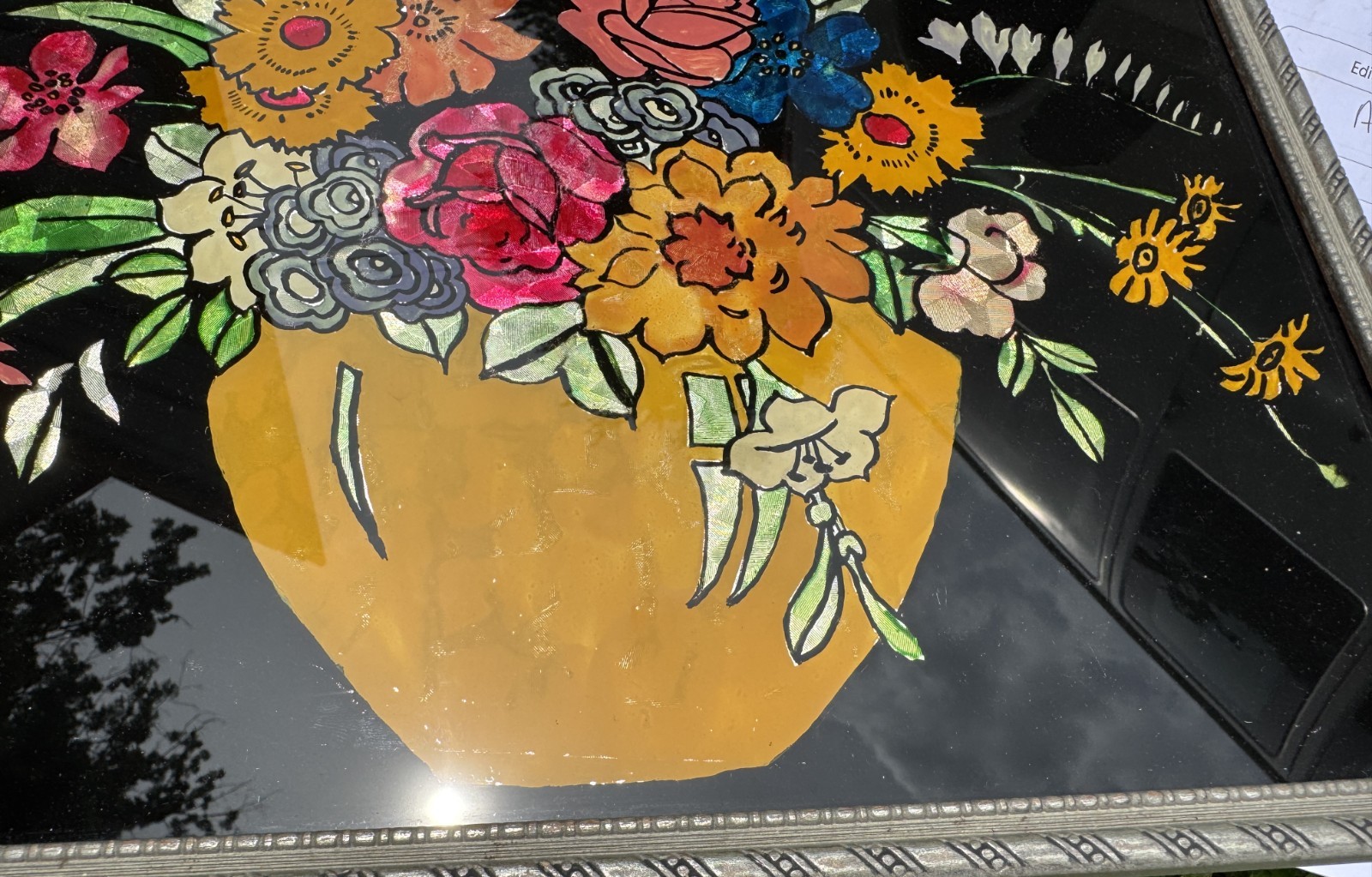VINTAGE 1958 TINSEL REVERSE GLASS FRAMED PAINTING FLORAL BOUQUET FOLK ART NICE